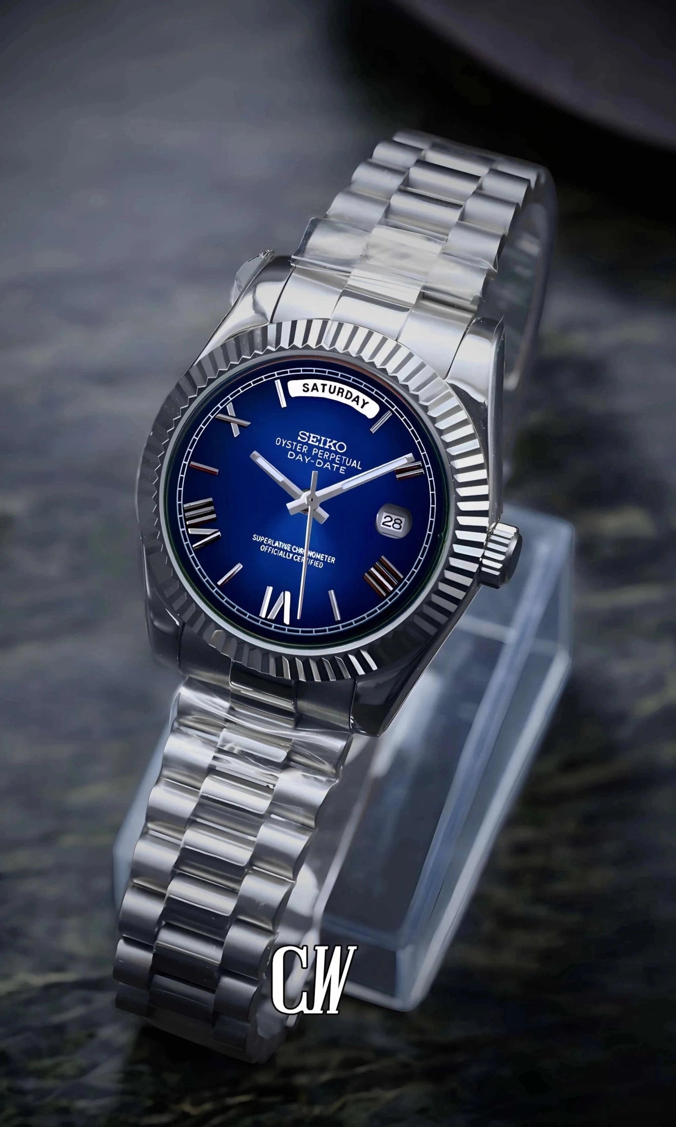 Daydate mod dark blue roman numeral automatic watch-Circa Watch Labs