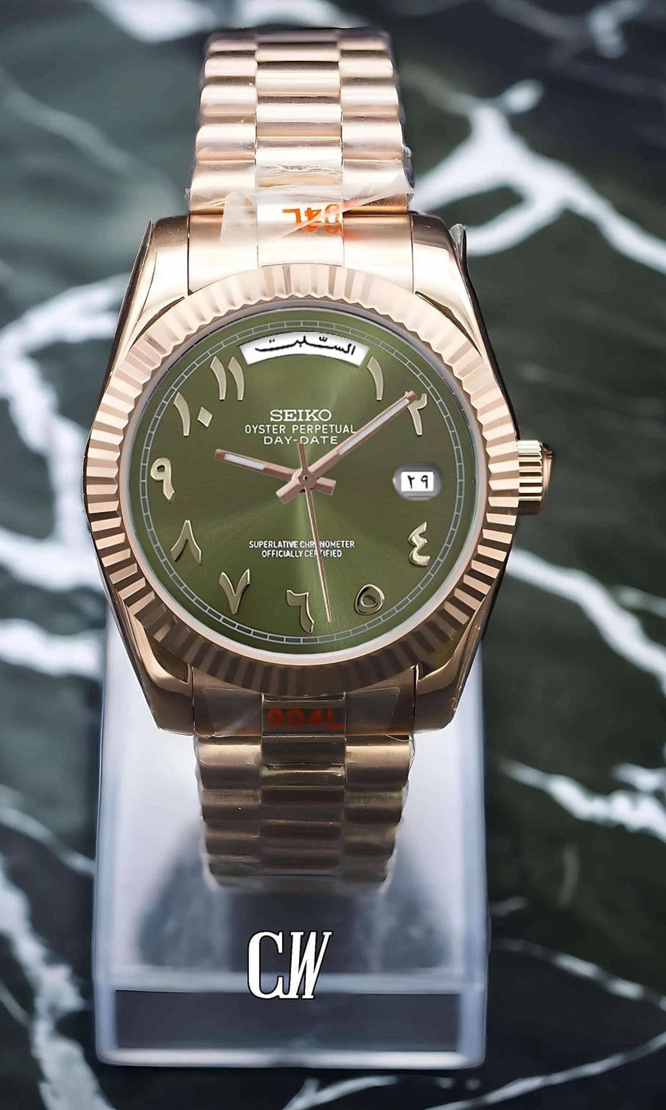 Daydate mod olive green rose gold arabic automatic watch-Circa Watch Labs
