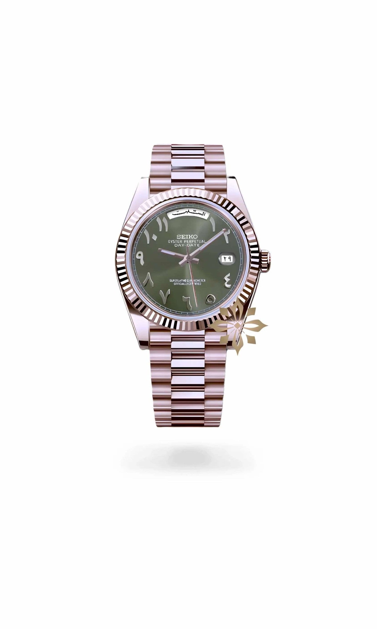 Daydate mod olive green rose gold arabic automatic watch