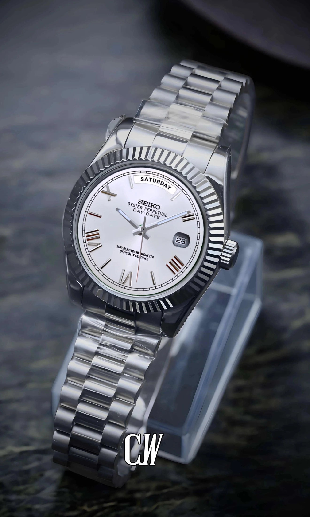 Daydate mod white roman numeral automatic watch-Circa Watch Labs