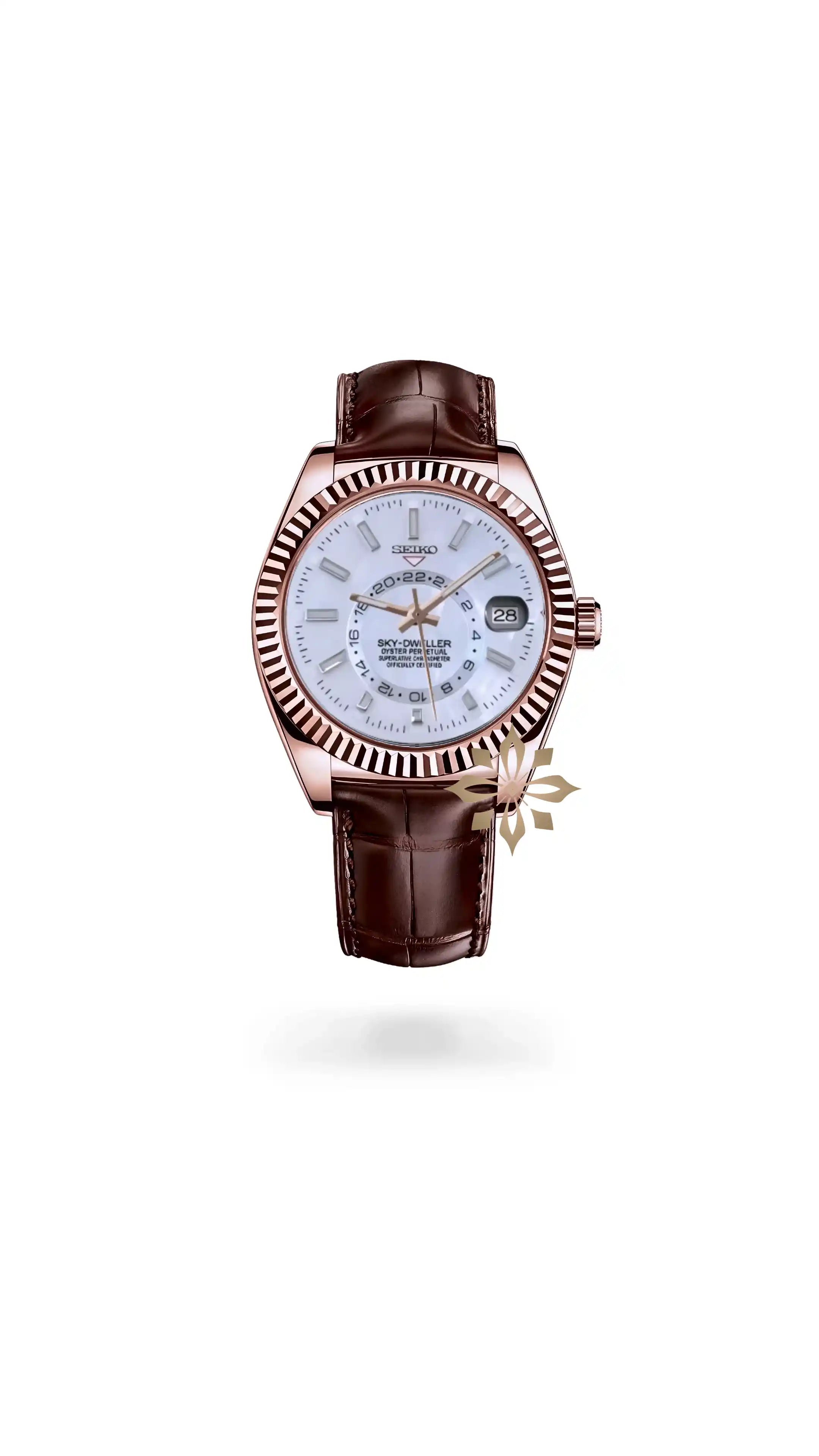 Seikojust mod skydweller watch brown rose gold white MOP