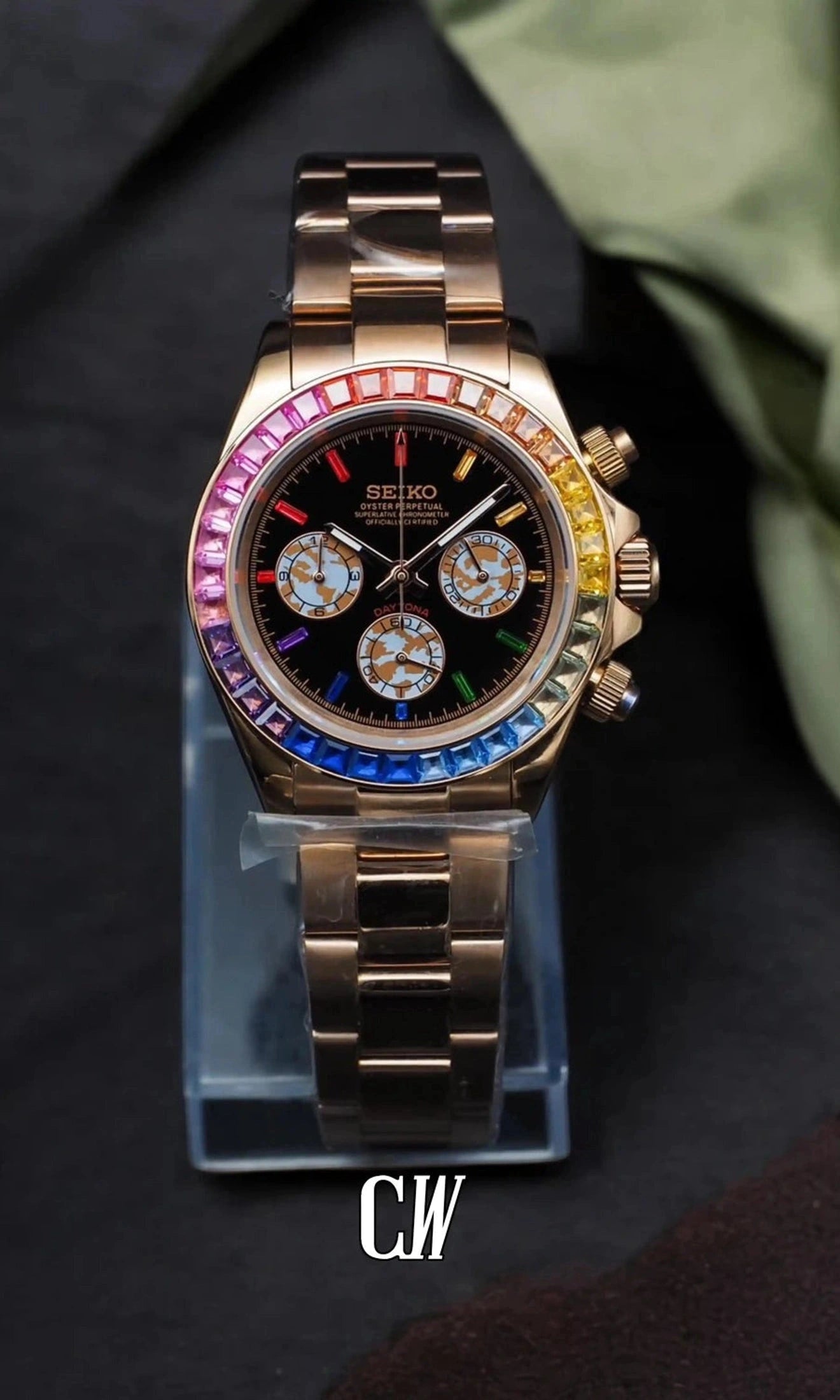 Seitona mod black rose gold baguette style watch-Circa Watch Labs