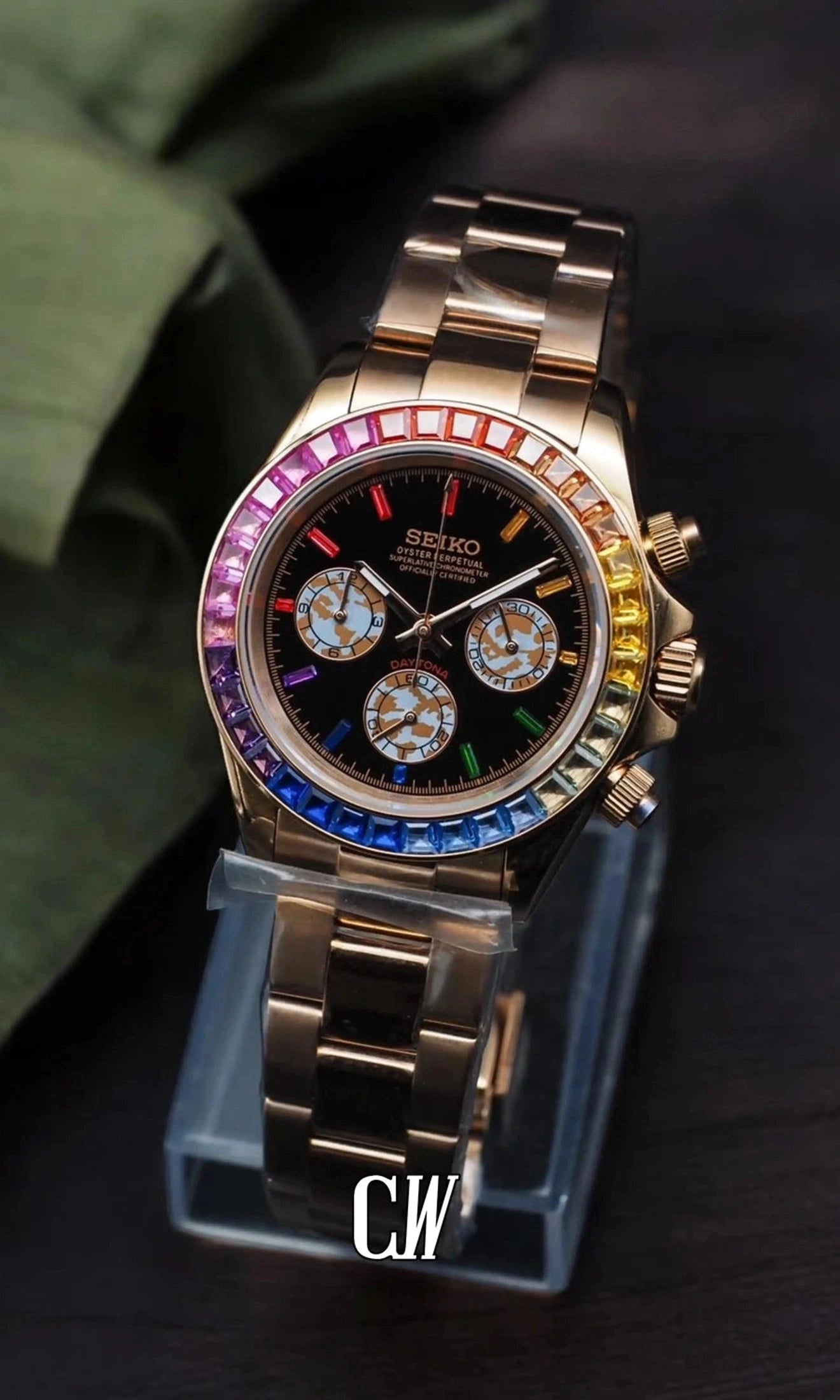 Seitona mod black rose gold baguette style watch-Circa Watch Labs