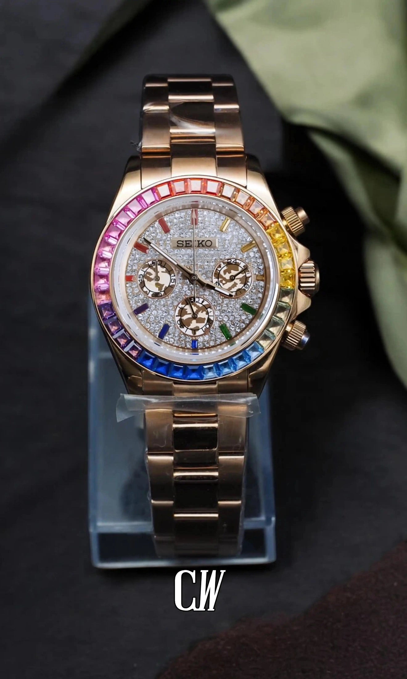 Seitona mod rainbow rose gold baguette style watch-Circa Watch Labs