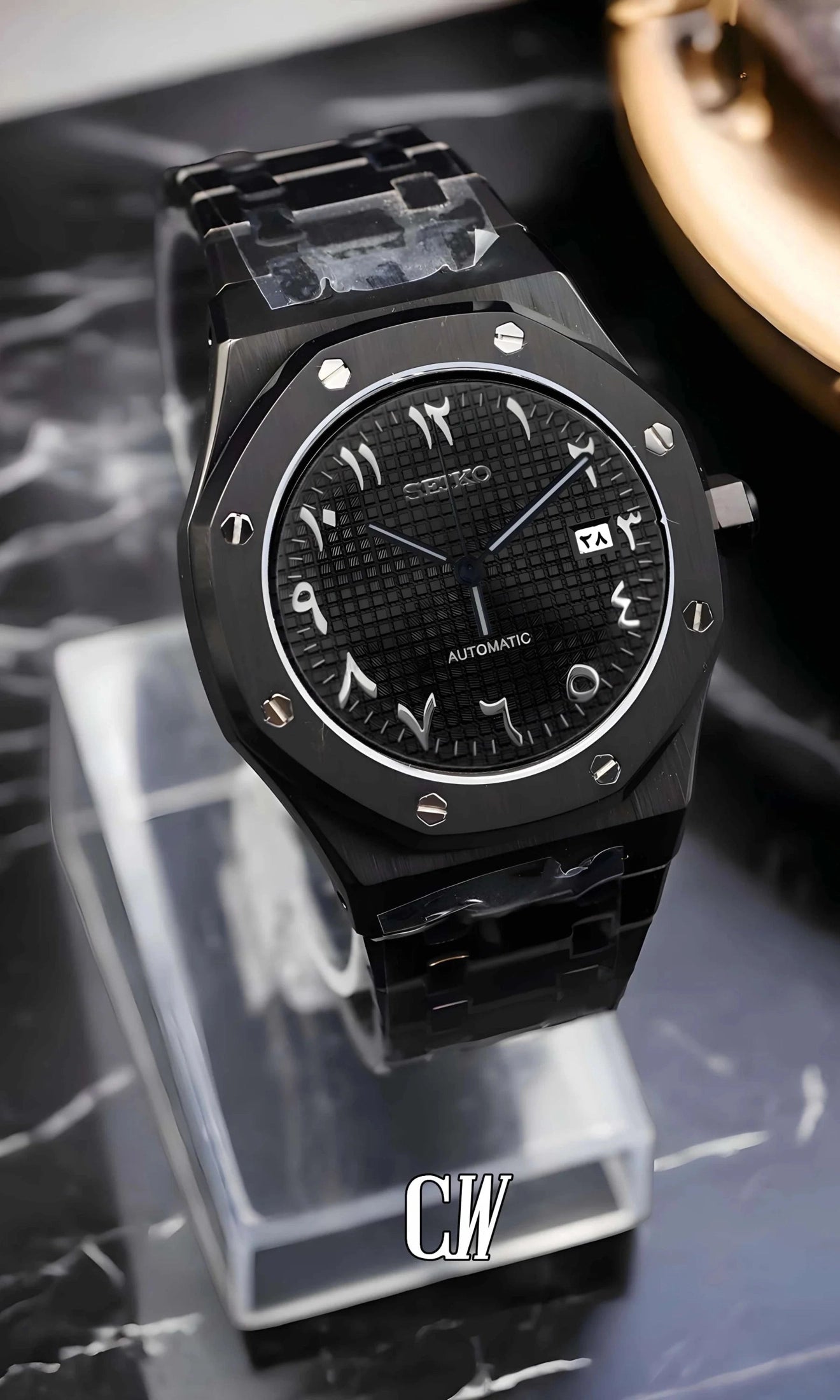 Mod Royal Seikoak automatic watch 'triple black' arabic - Circa Watch Labs