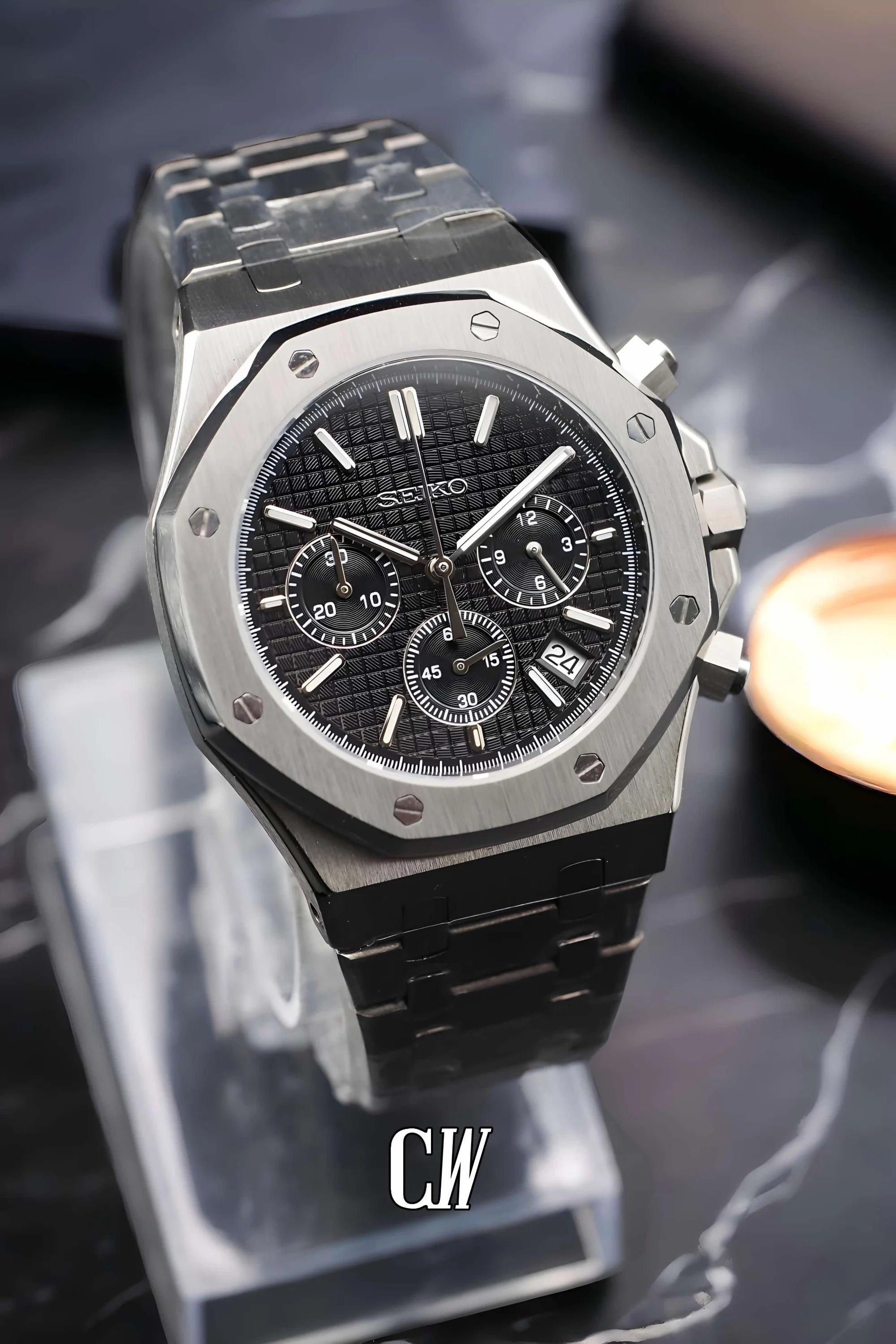 Mod Royal Seikoak chronograph black watch - Circa Watch Labs seiko mod