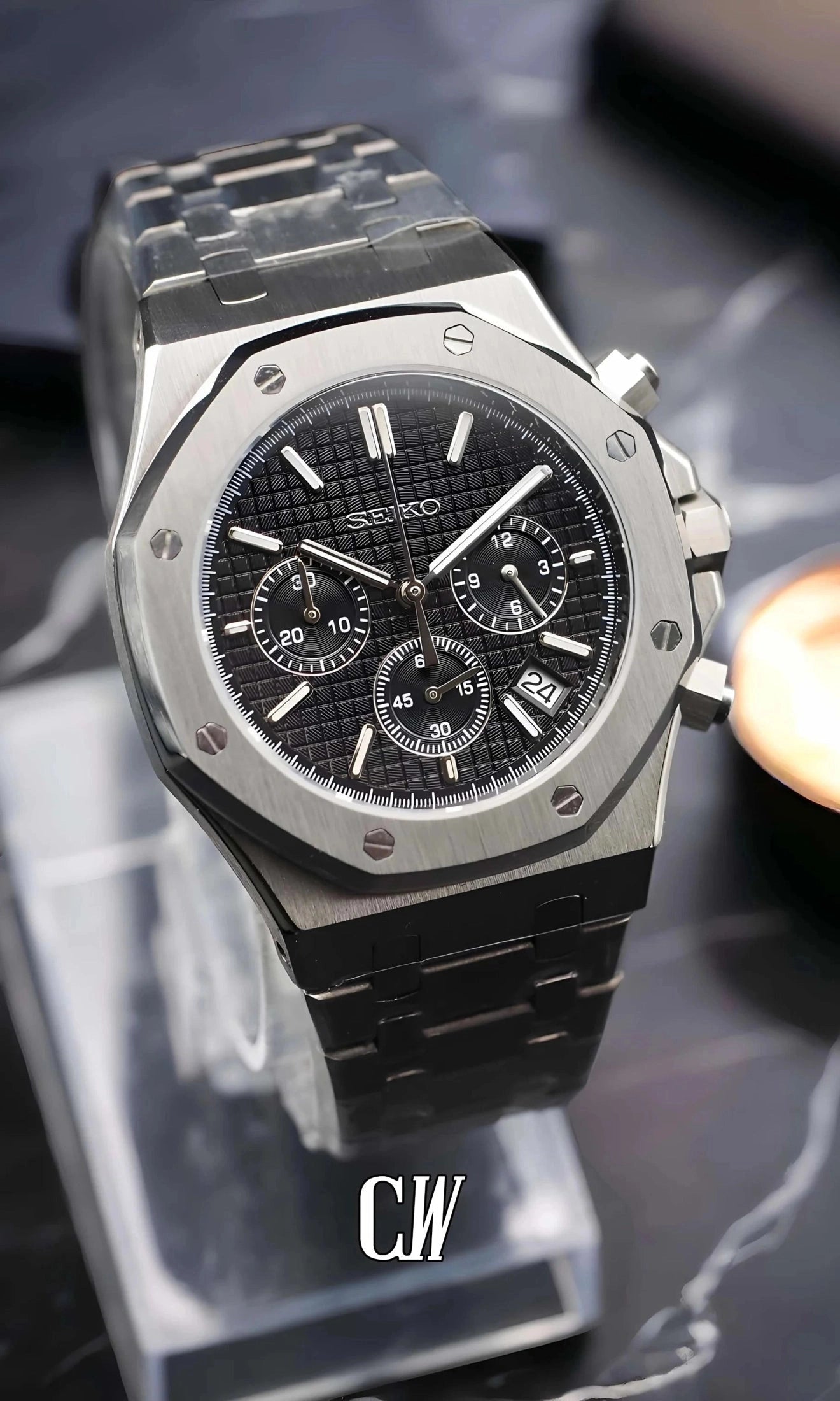 Mod Royal Seikoak chronograph black watch - Circa Watch Labs