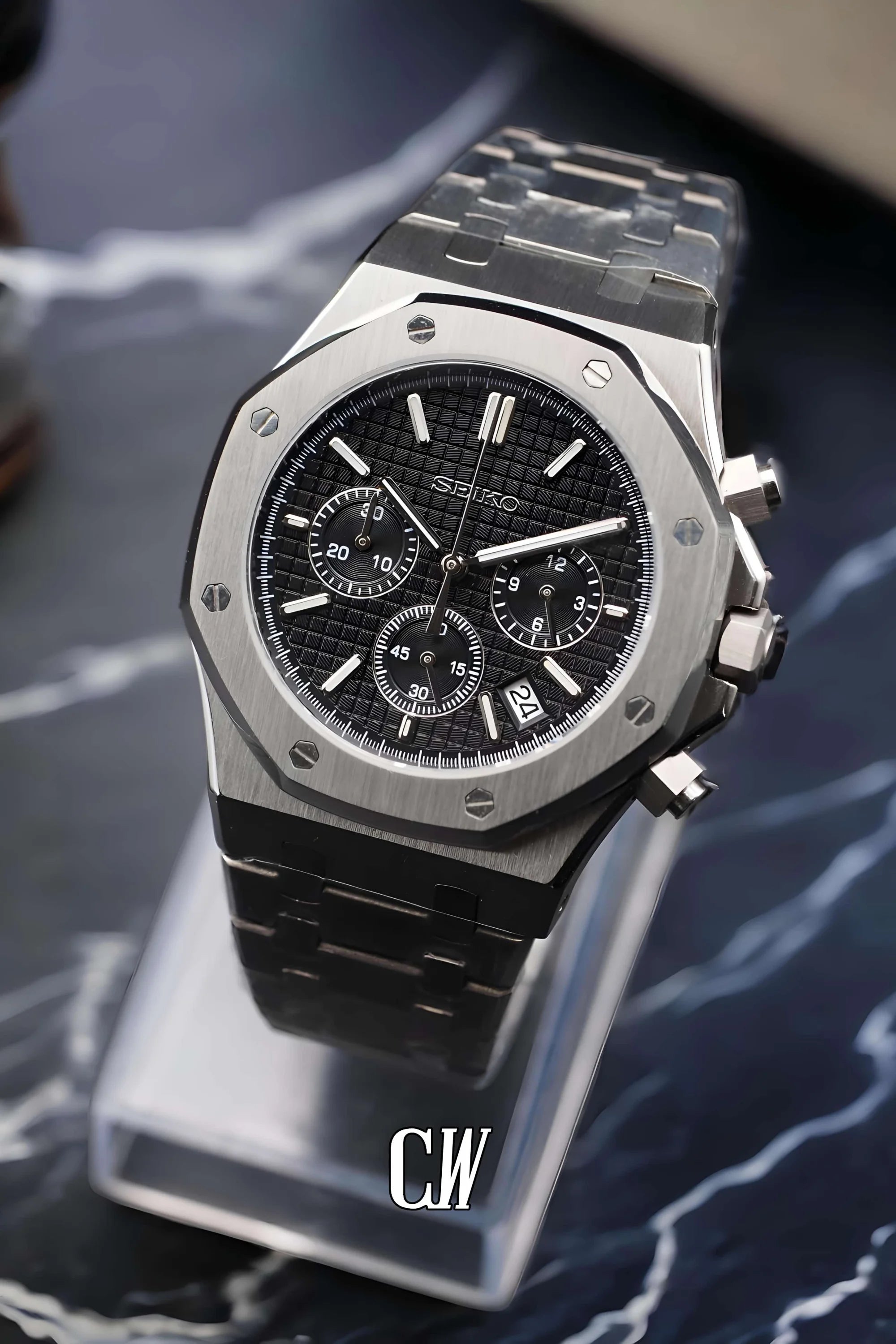 Mod Royal Seikoak chronograph black watch - Circa Watch Labs seiko mod
