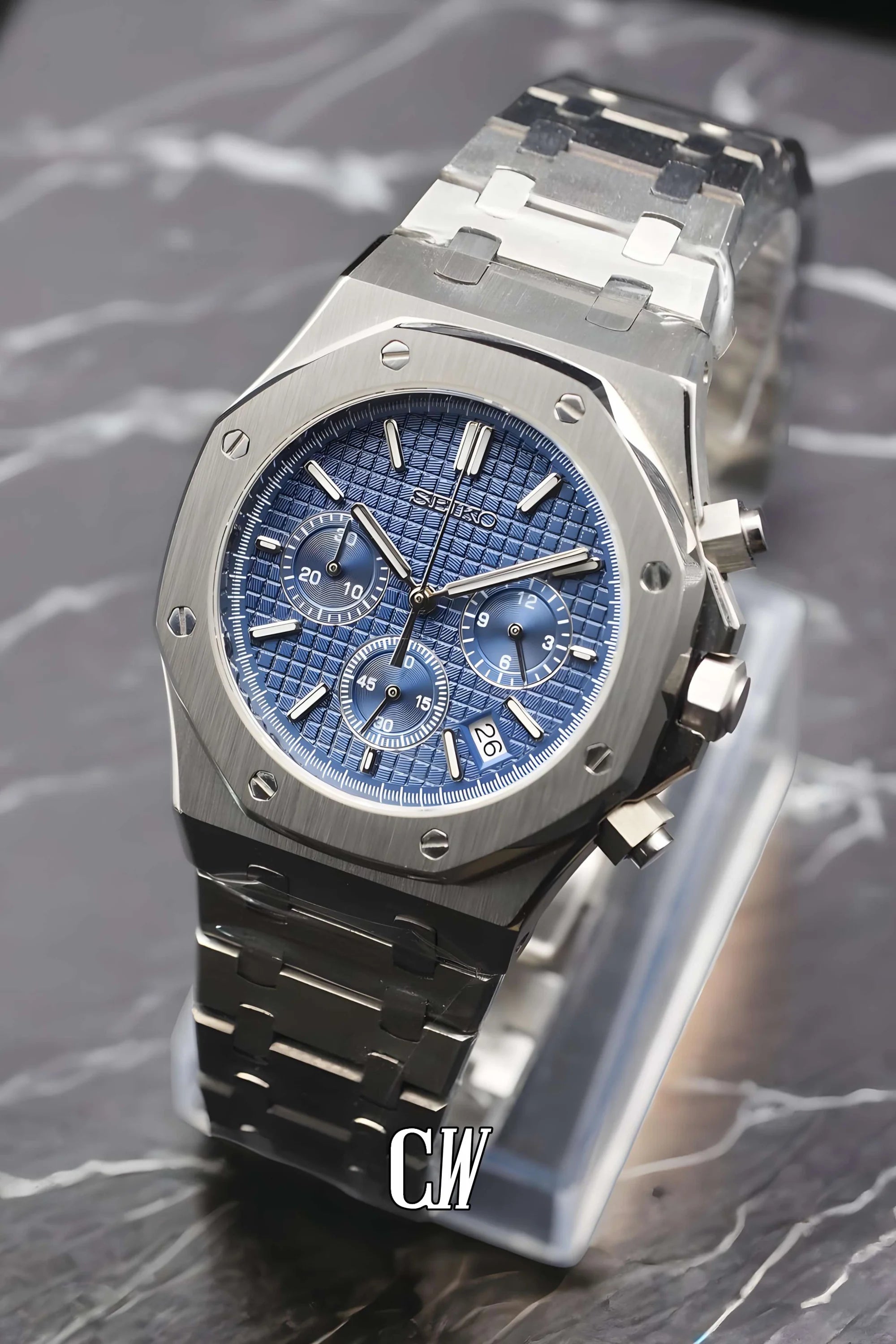 Mod Royal Seikoak chronograph blue watch - Circa Watch Labs seiko mod