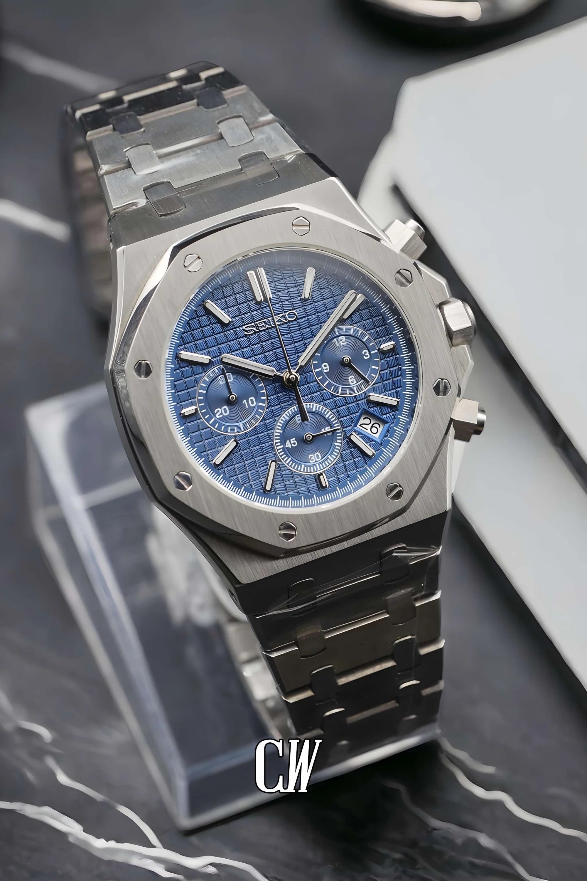 Mod Royal Seikoak chronograph blue watch - Circa Watch Labs seiko mod