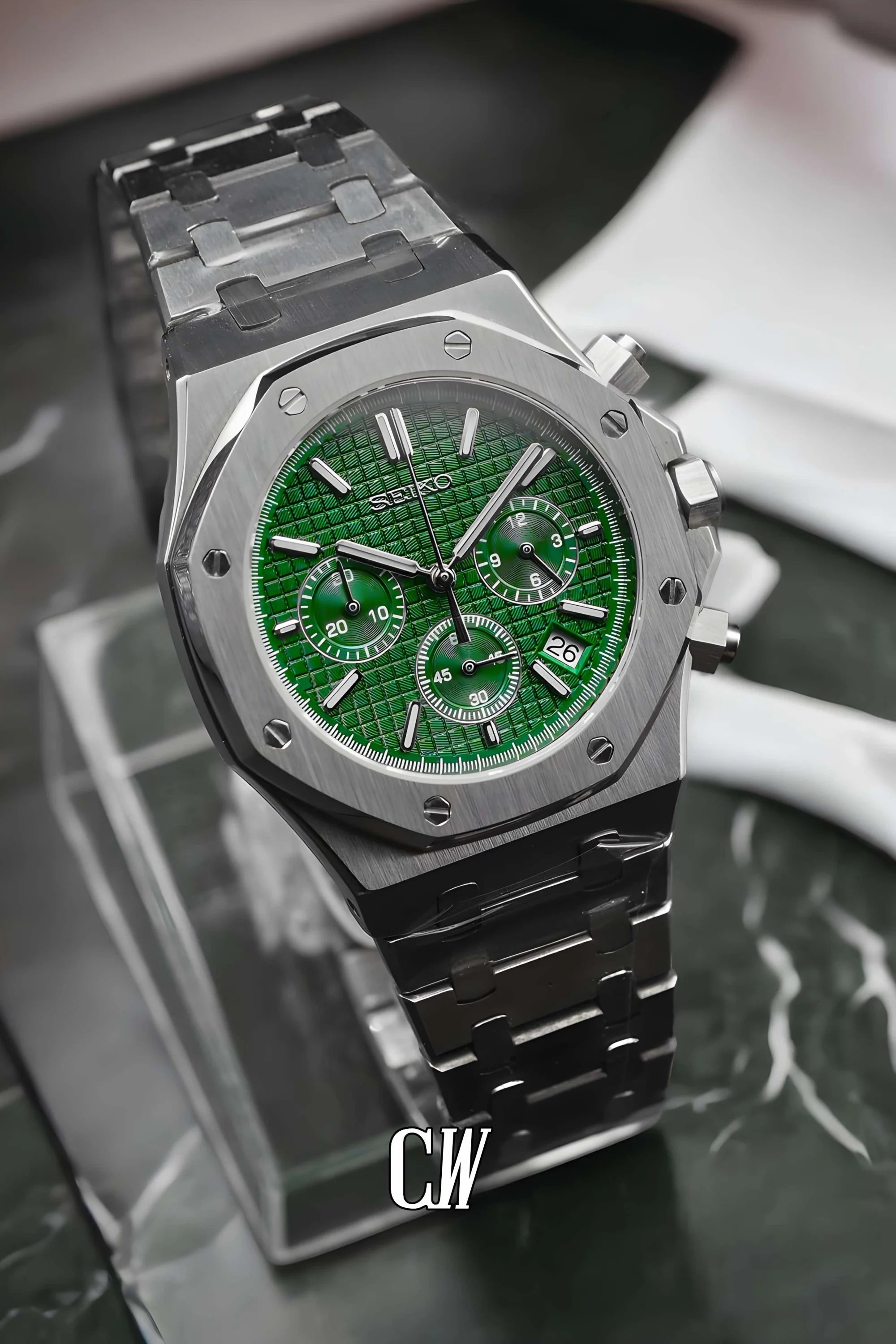 Mod Royal Seikoak chronograph green watch - Circa Watch Labs seiko mod