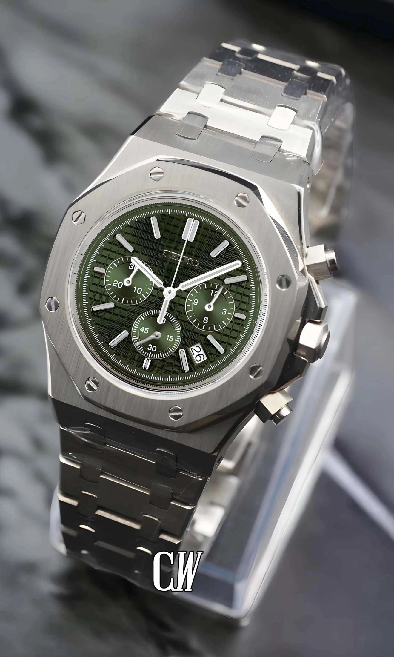 Mod Royal Seikoak chronograph olive green watch - Circa Watch Labs