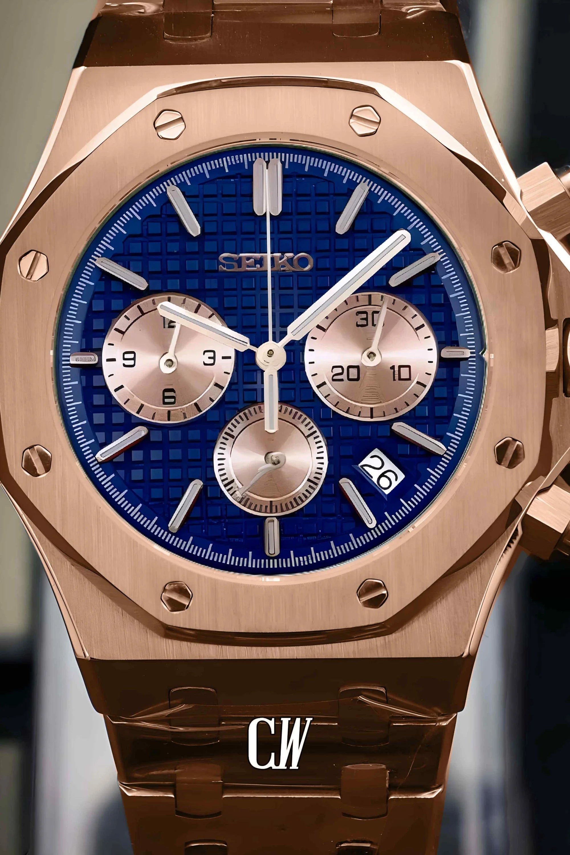 Mod Royal Seikoak chronograph rose gold blue watch - Circa Watch Labs