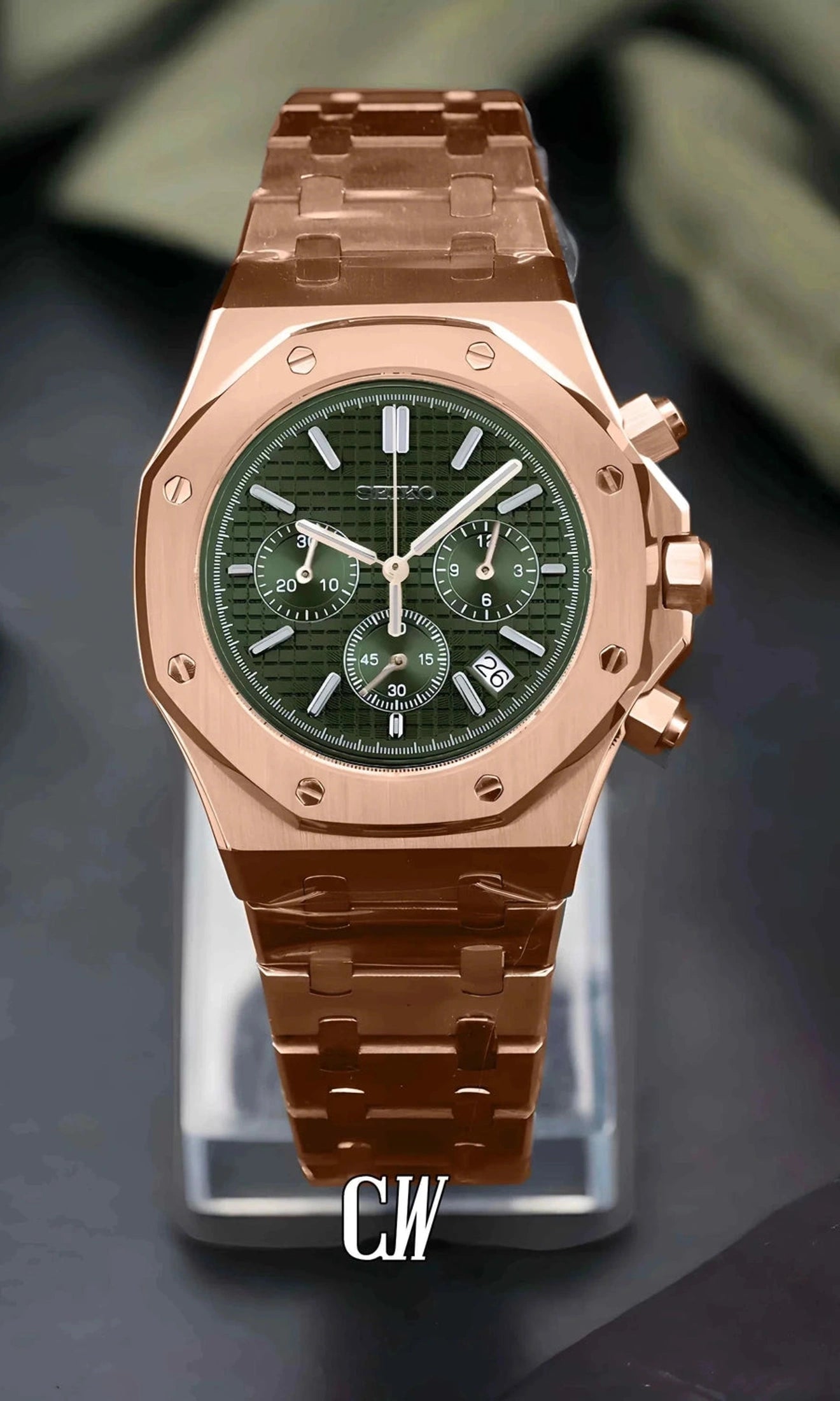 Mod Royal Seikoak chronograph rose gold olive green watch - Circa Watch Labs