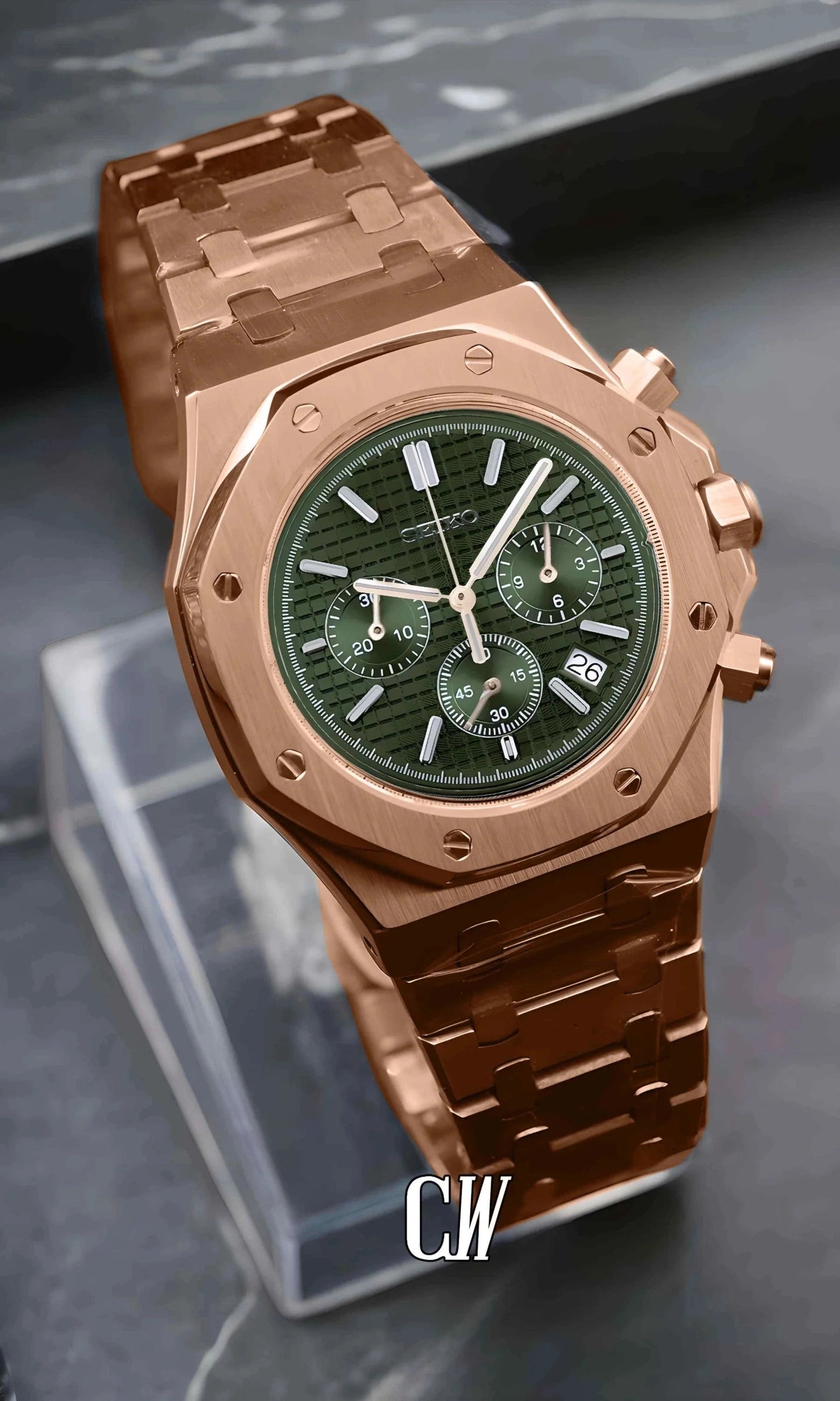 Mod Royal Seikoak chronograph rose gold olive green watch - Circa Watch Labs