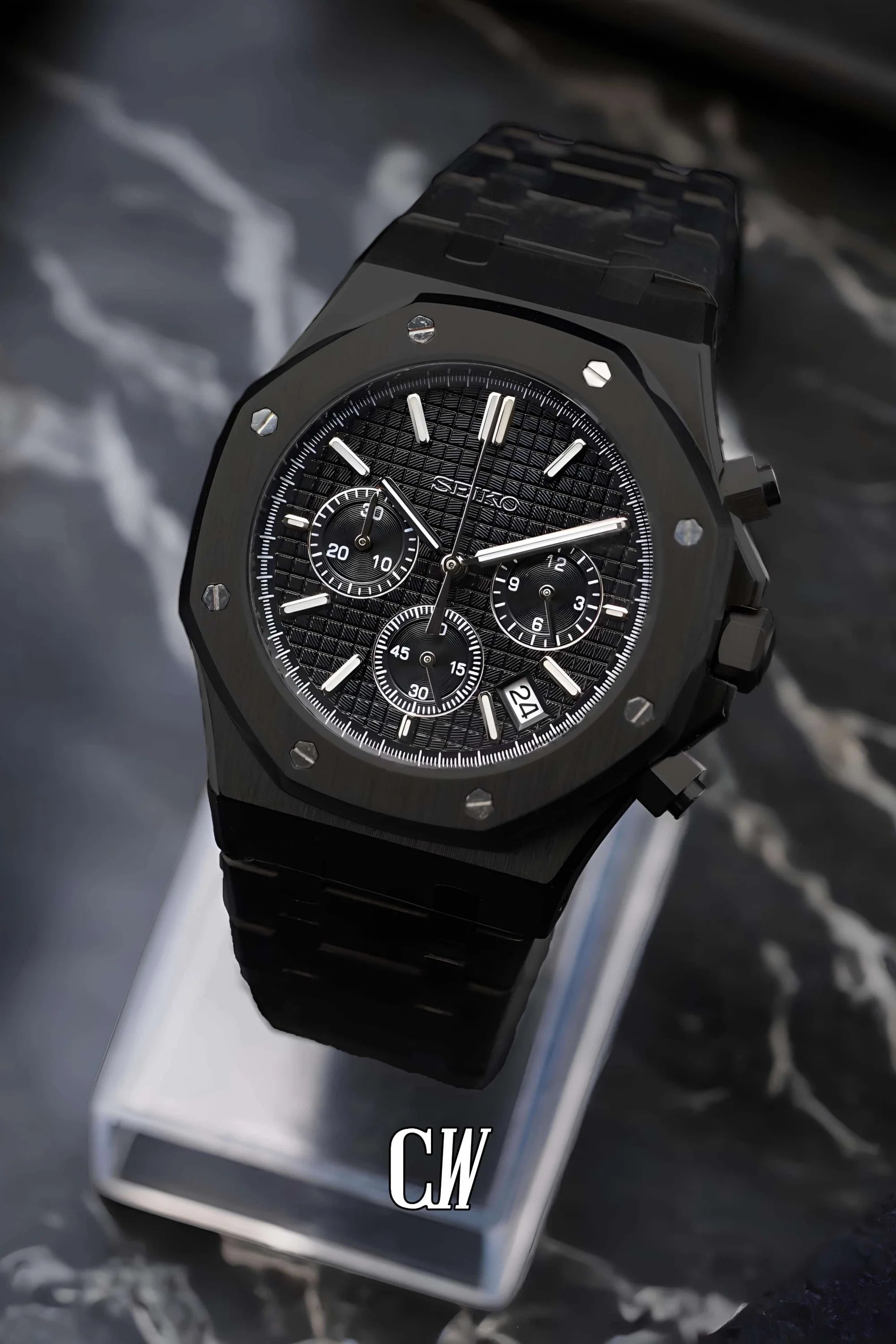 Mod Royal Seikoak chronograph triple black watch - Circa Watch Labs seiko mod