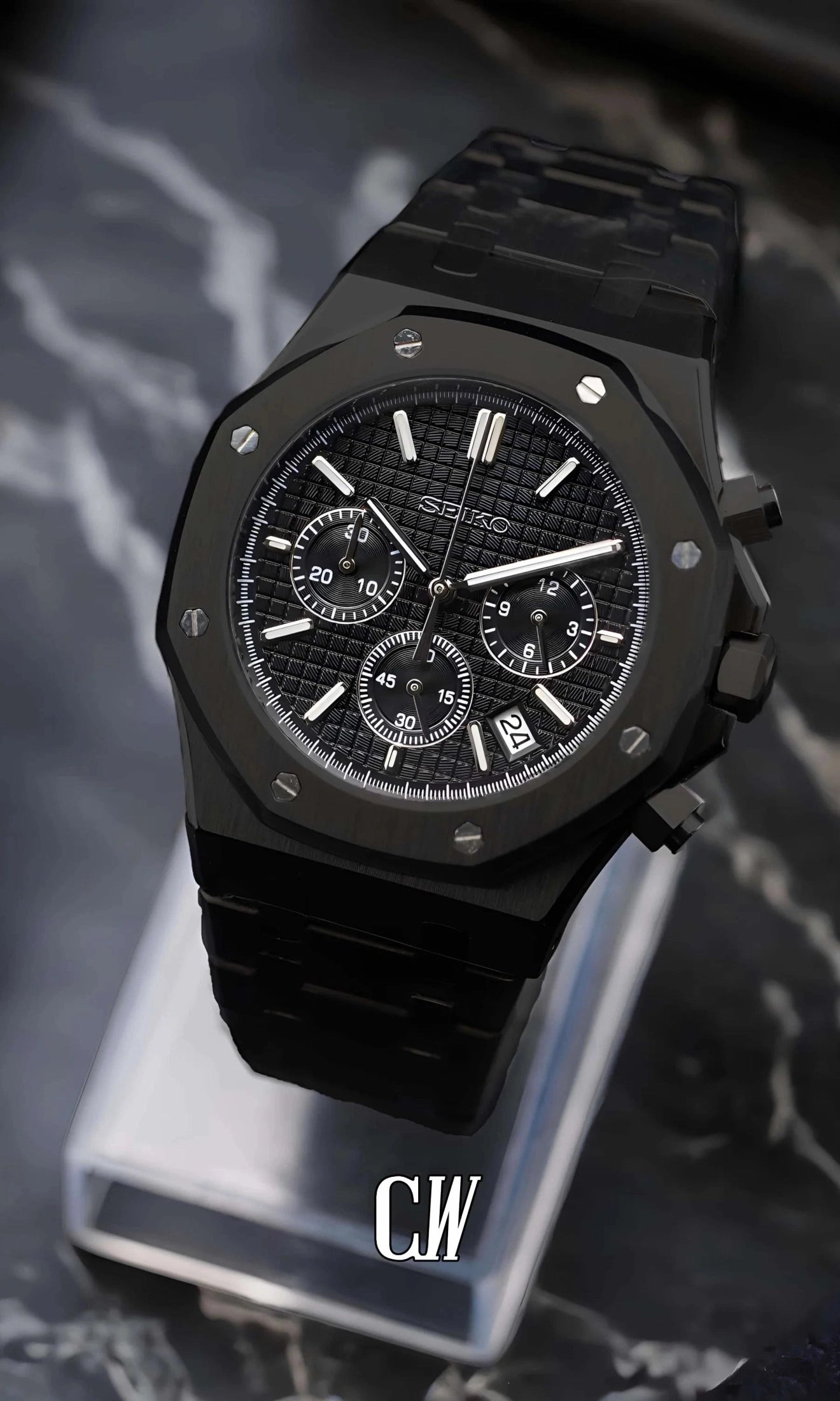 Mod Royal Seikoak chronograph triple black watch - Circa Watch Labs