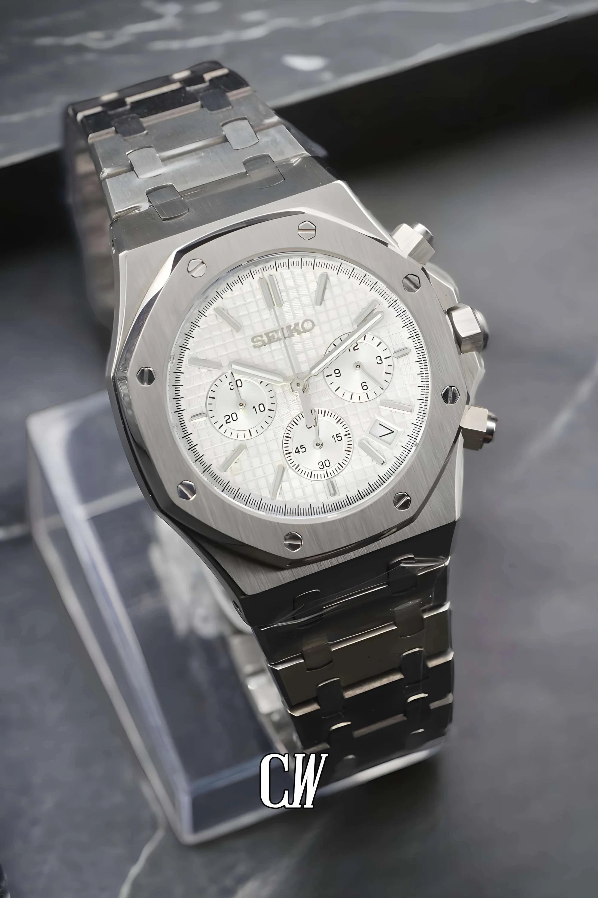 Mod Royal Seikoak chronograph triple white watch - Circa Watch Labs seiko mod