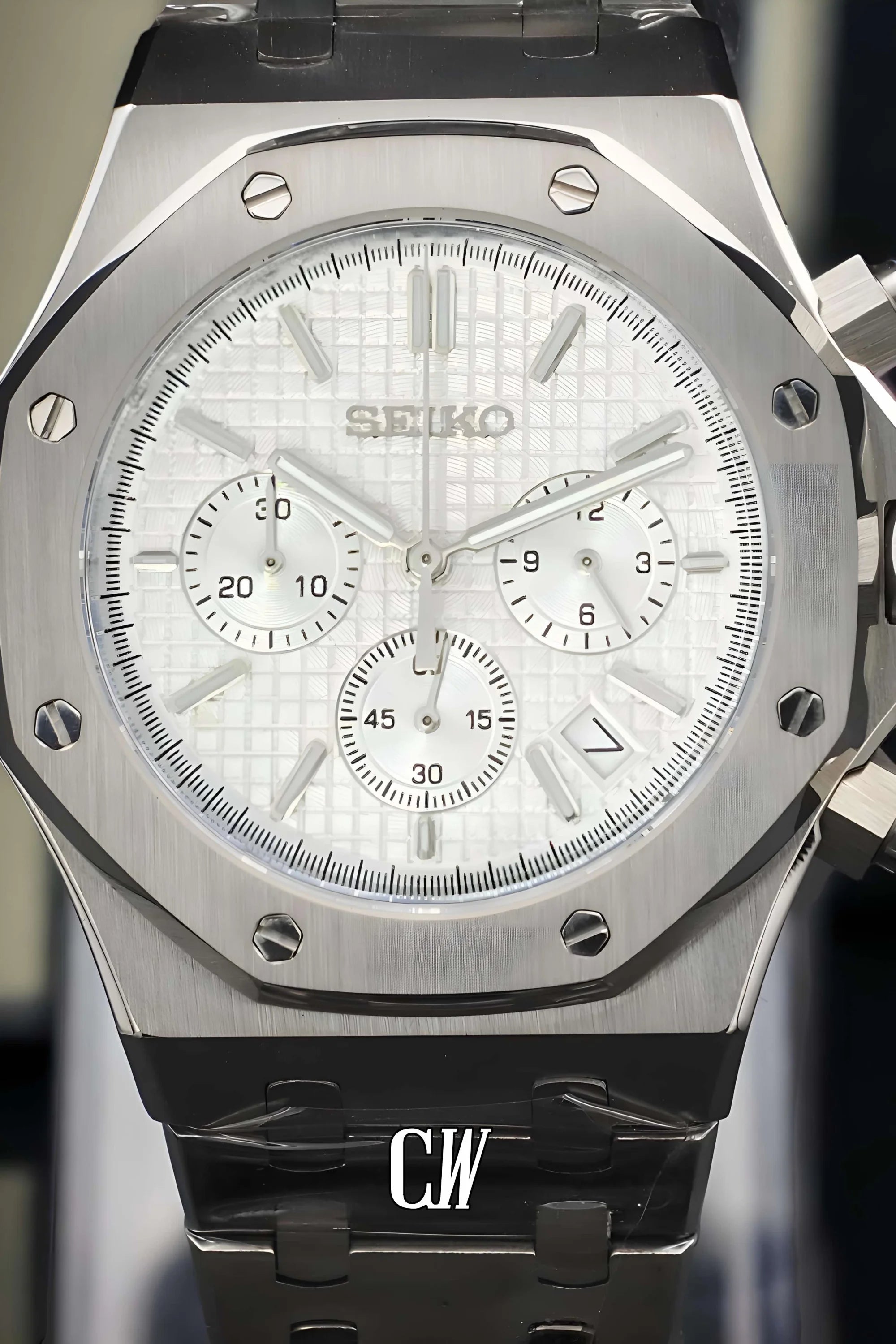 Mod Royal Seikoak chronograph triple white watch - Circa Watch Labs seiko mod