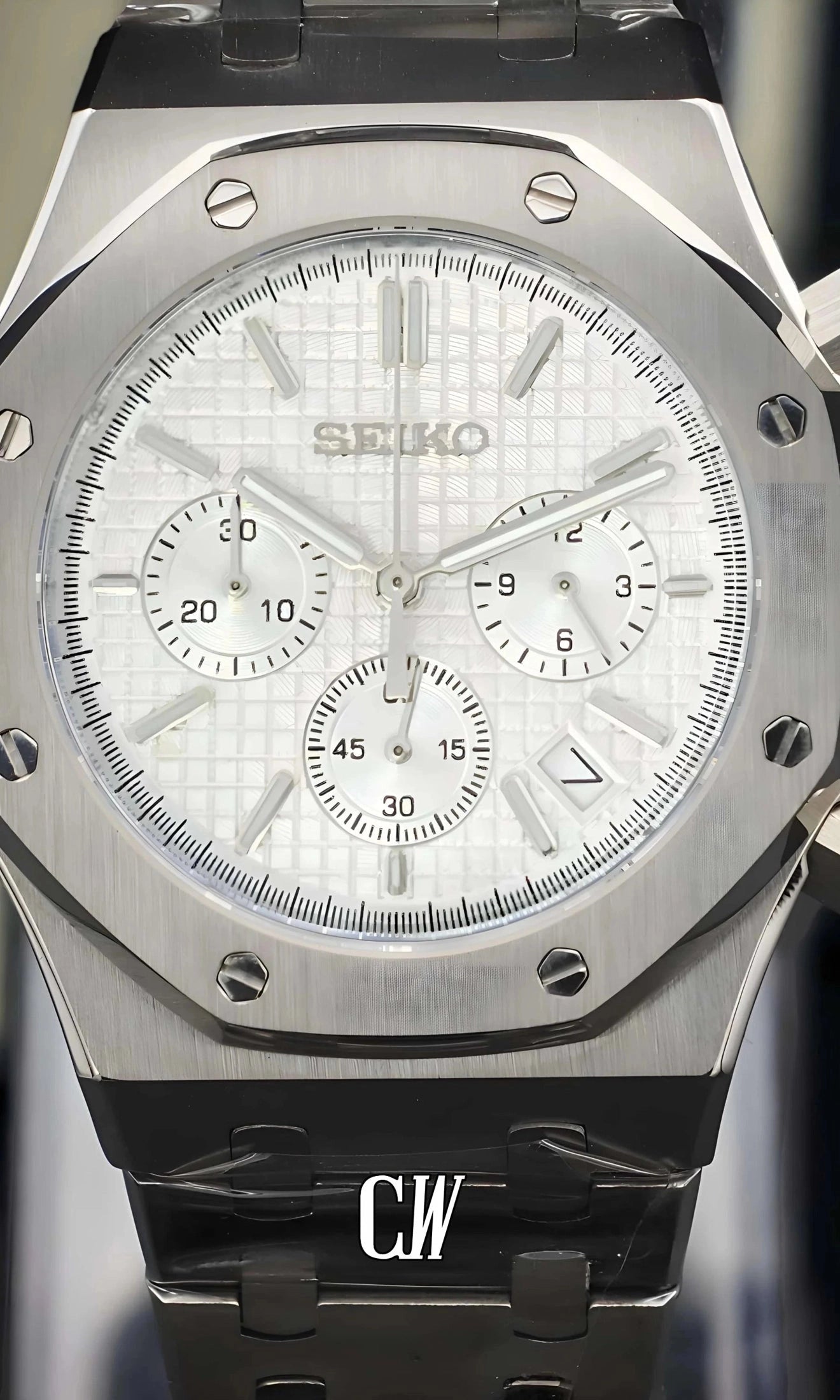 Mod Royal Seikoak chronograph triple white watch - Circa Watch Labs