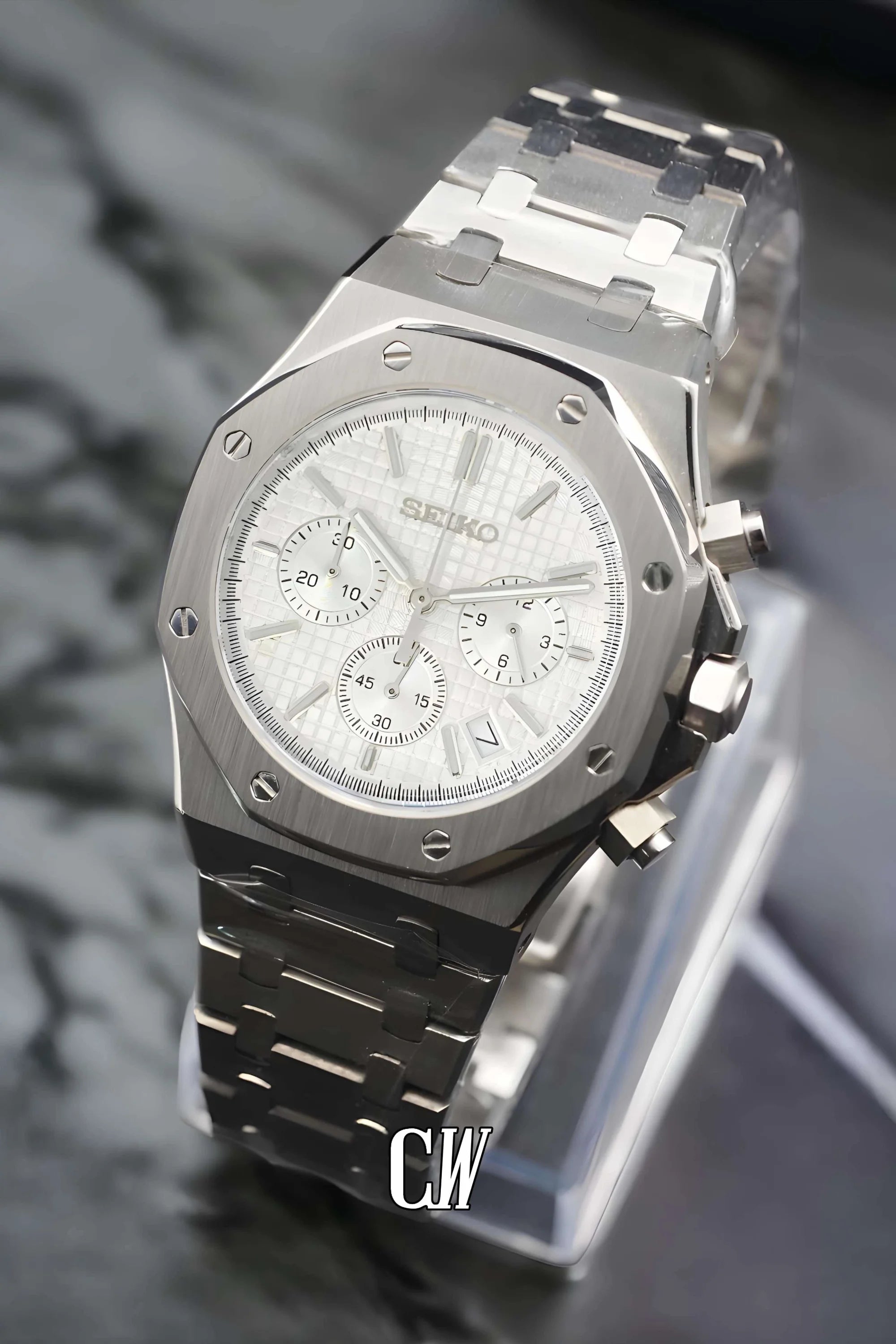 Mod Royal Seikoak chronograph triple white watch - Circa Watch Labs seiko mod