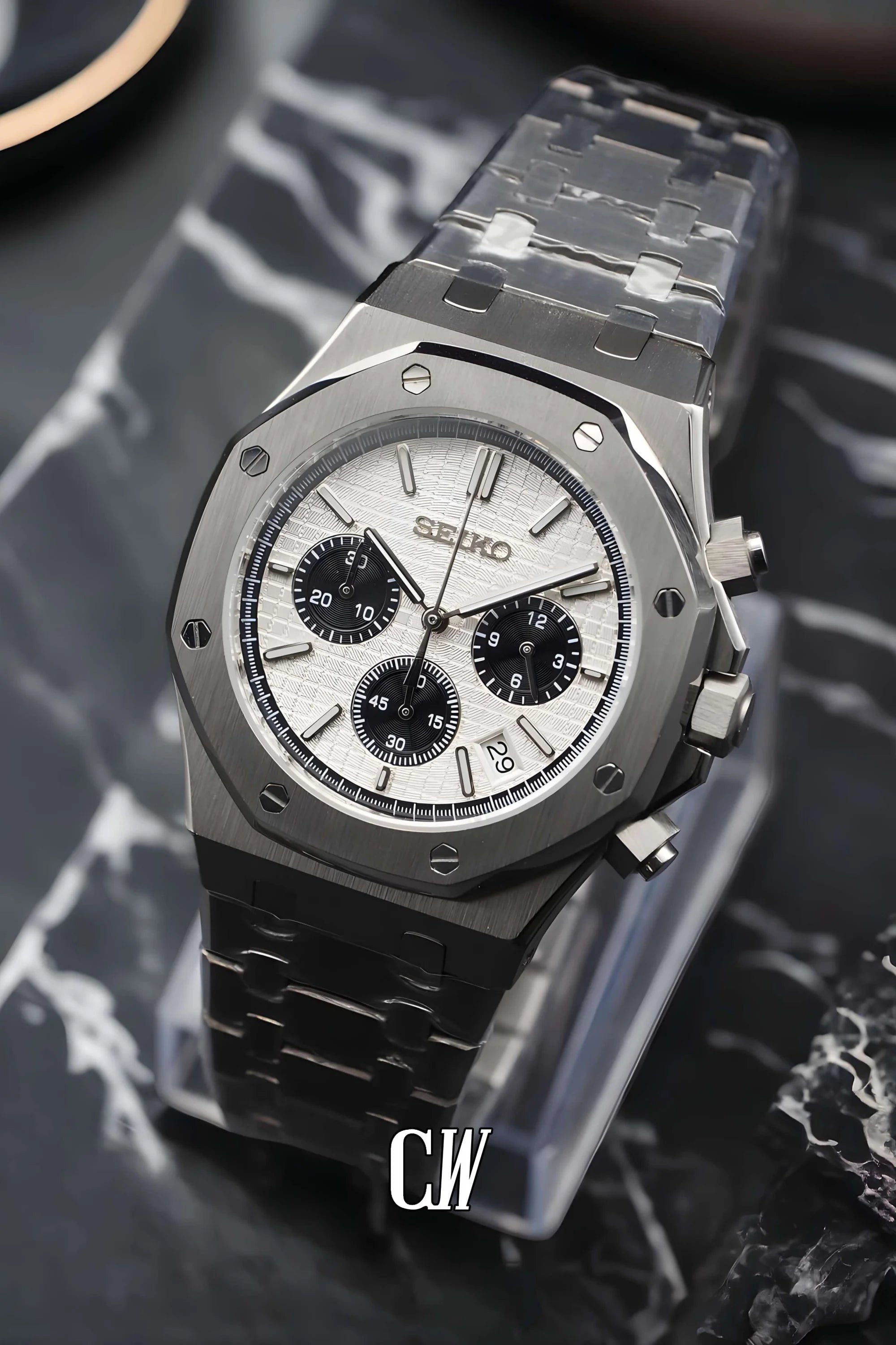 Mod Royal Seikoak chronograph white watch - Circa Watch Labs seiko mod
