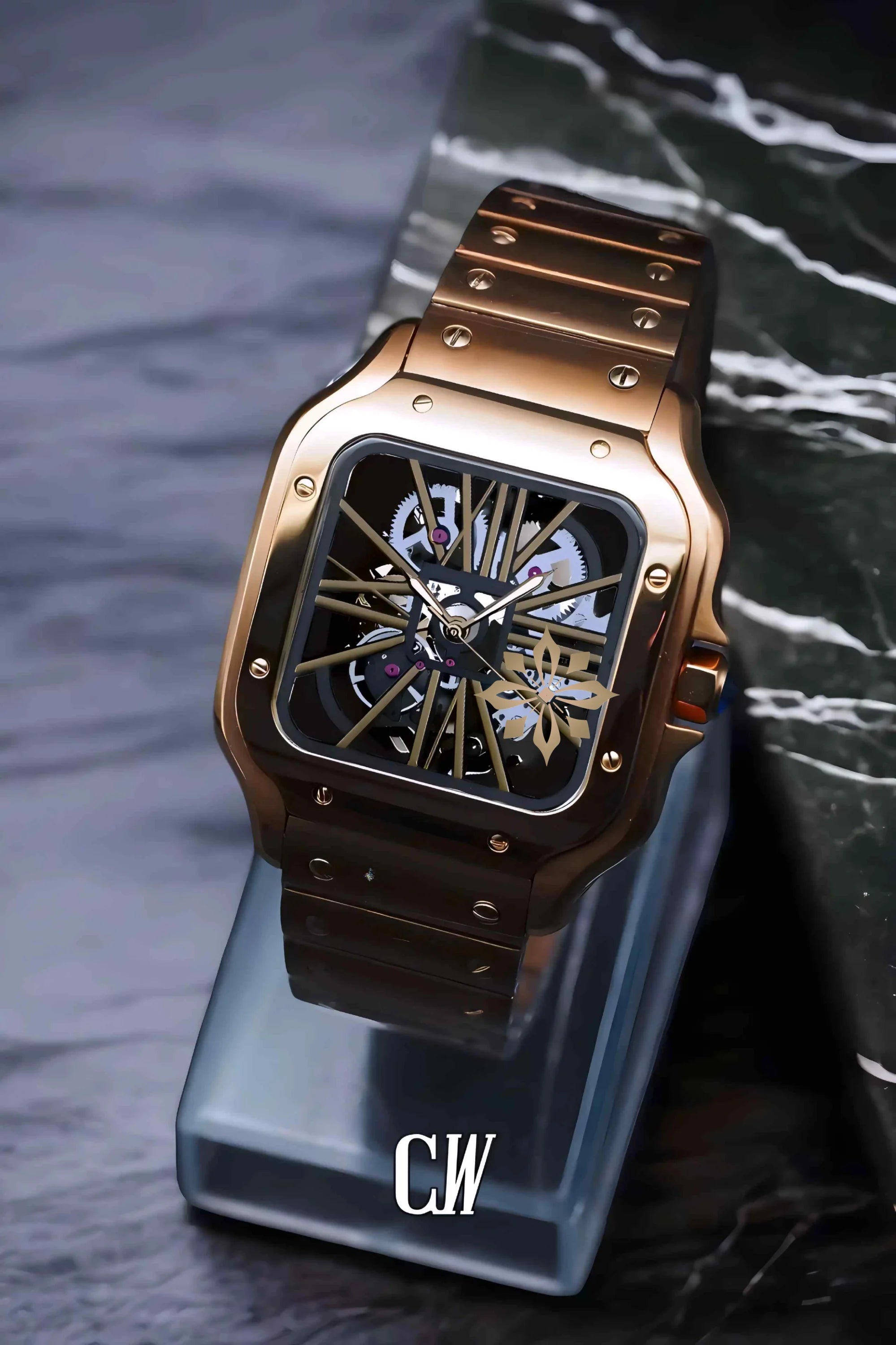 Santeiko Mod Santos style skeleton watch rose gold - Circa Watch Labs