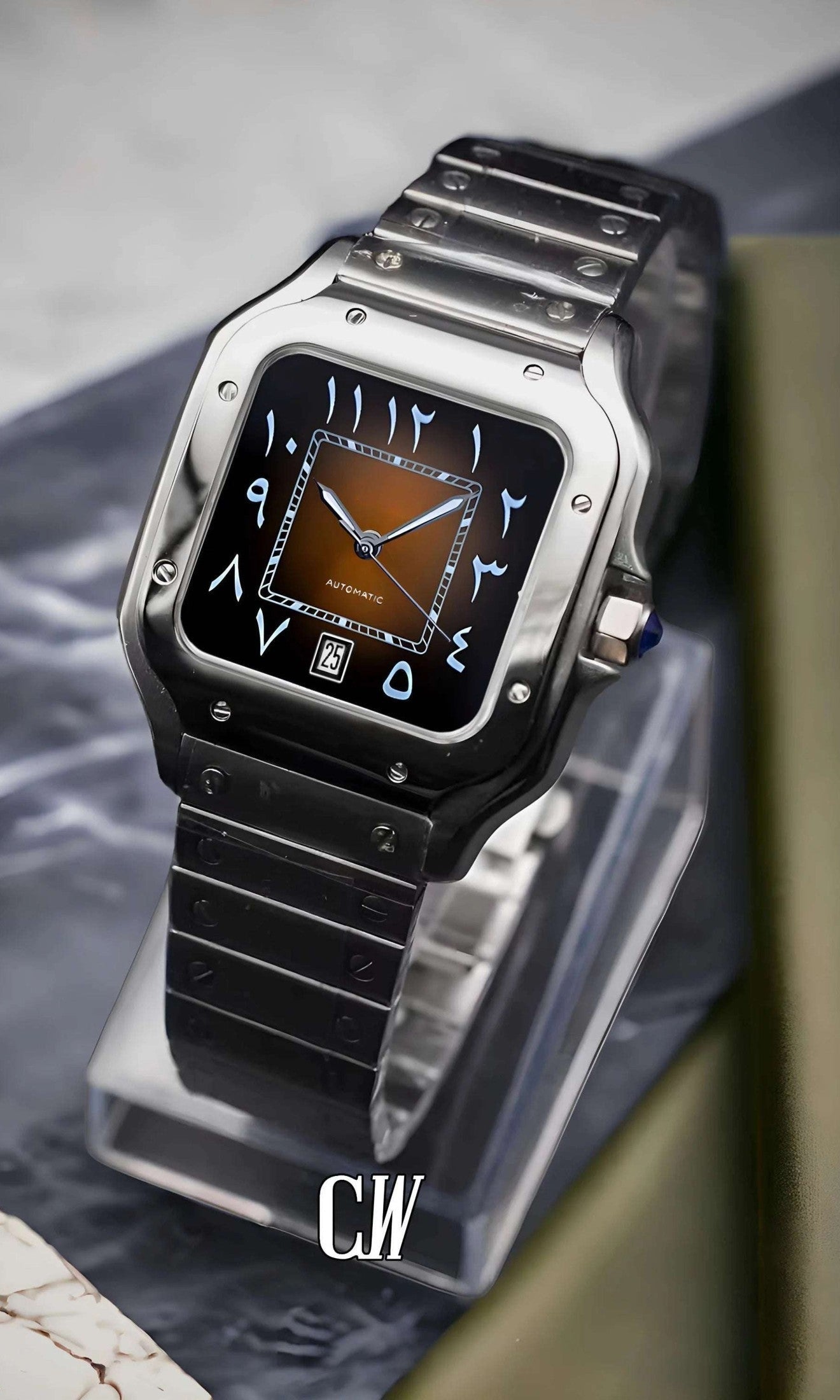 Santeiko Mod Santos style watch arabic brown - Circa Watch Labs