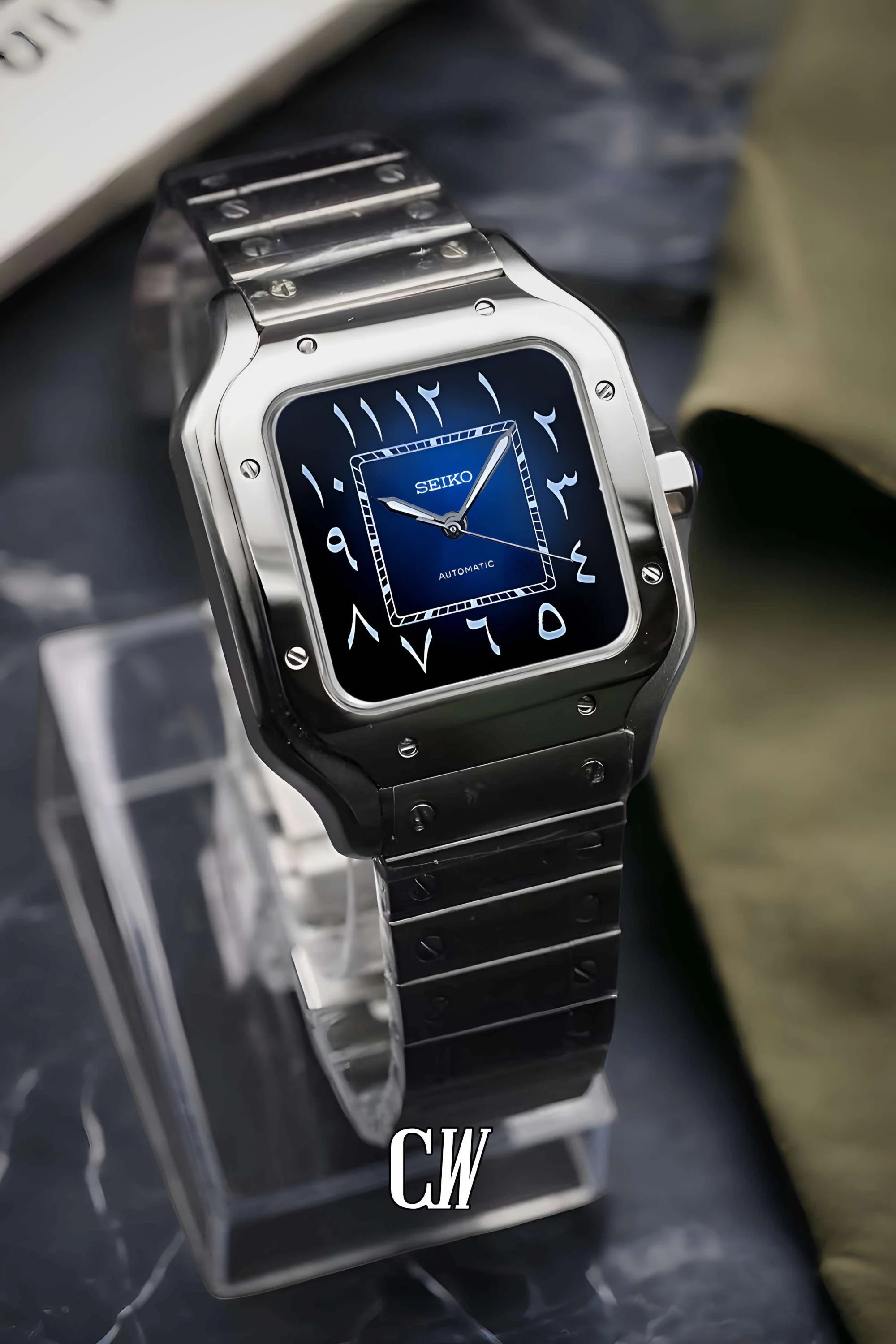 Santeiko Mod Santos style watch blue arabic - Circa Watch Labs seiko mod