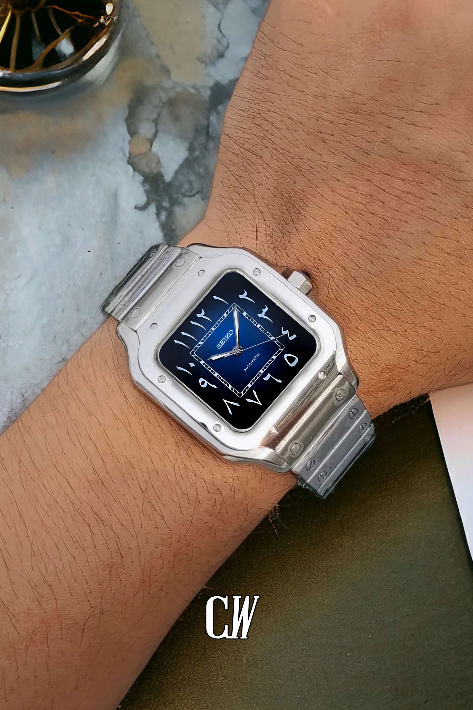 Santeiko Mod Santos style watch blue arabic - Circa Watch Labs seiko mod