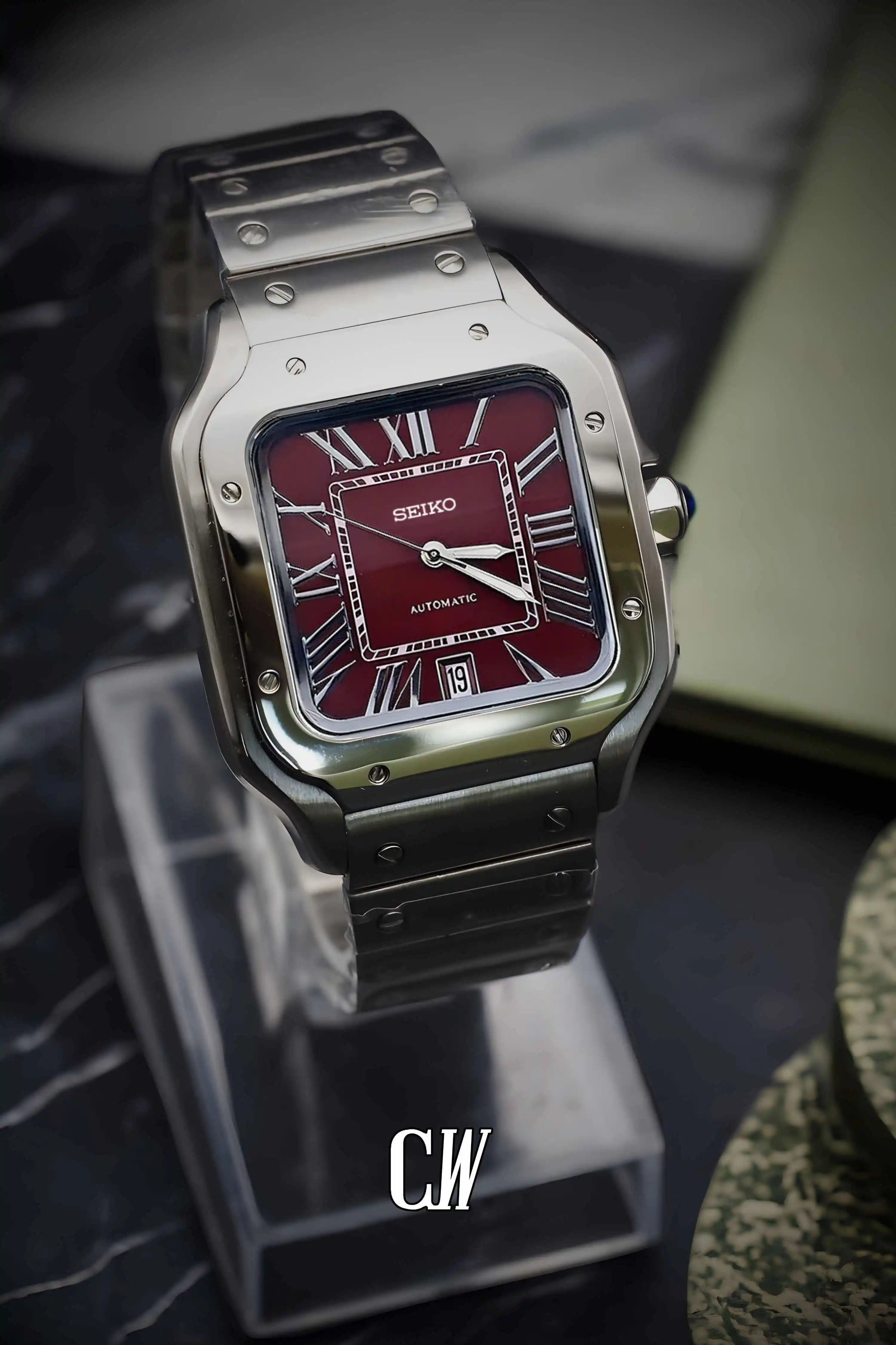 Santeiko Mod Santos style watch burgundy - Circa Watch Labs