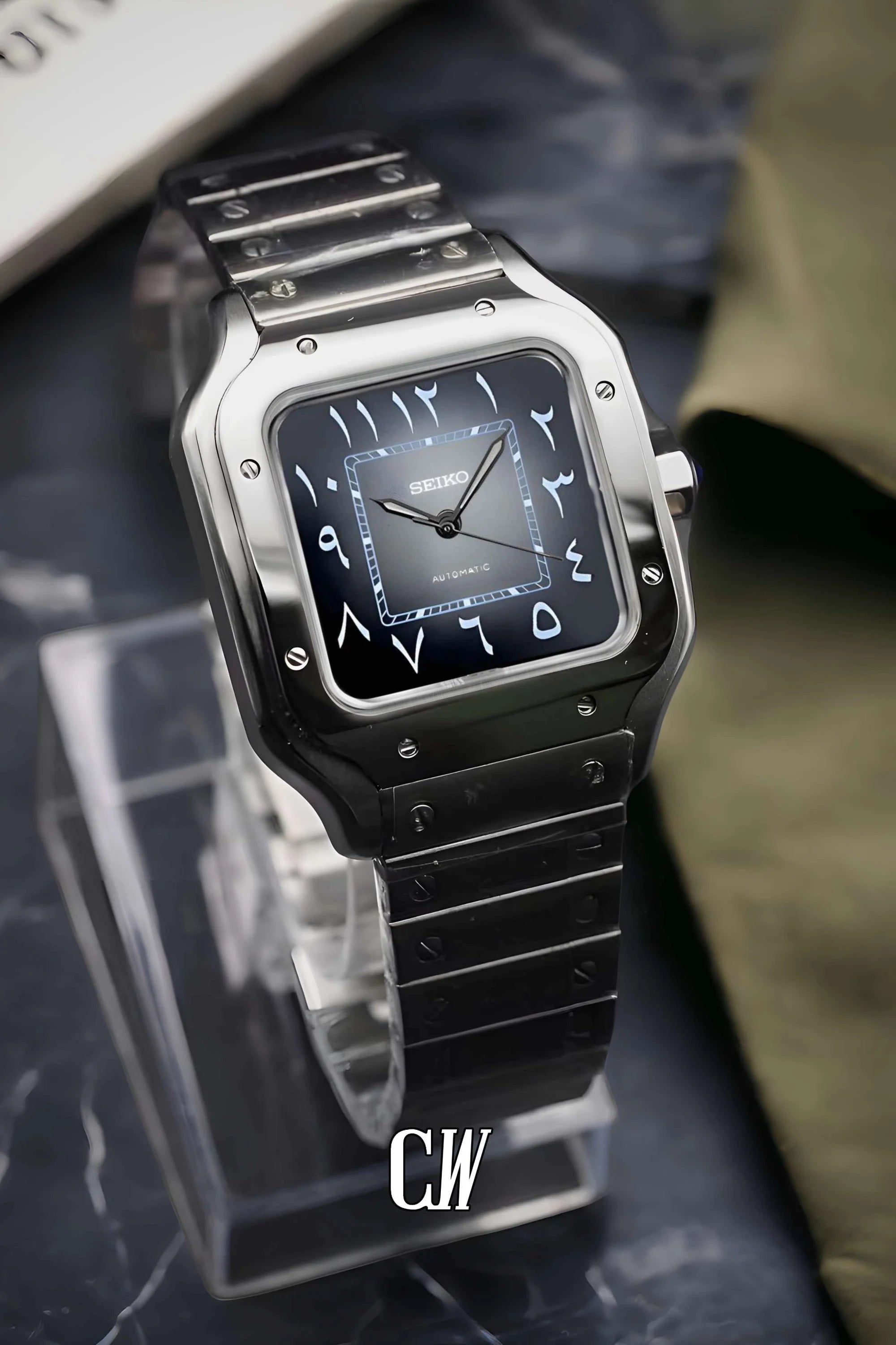 Santeiko Mod Santos style watch gray black arabic - Circa Watch Labs