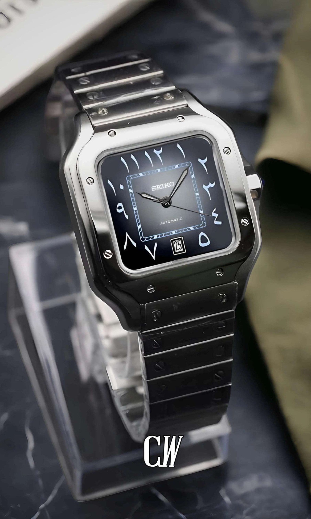 Santeiko Mod Santos style watch gray black arabic - Circa Watch Labs