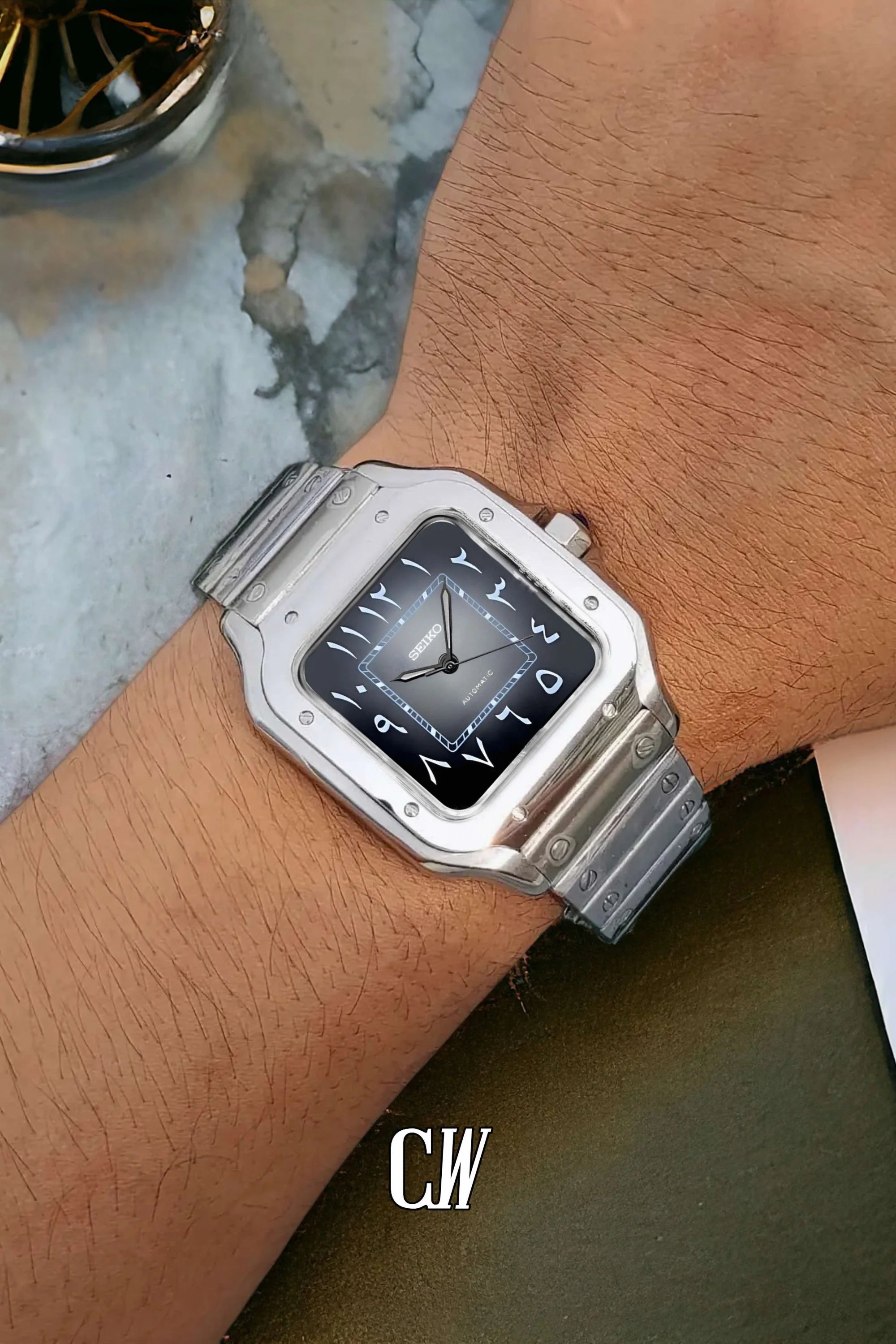 Santeiko Mod Santos style watch gray black arabic - Circa Watch Labs