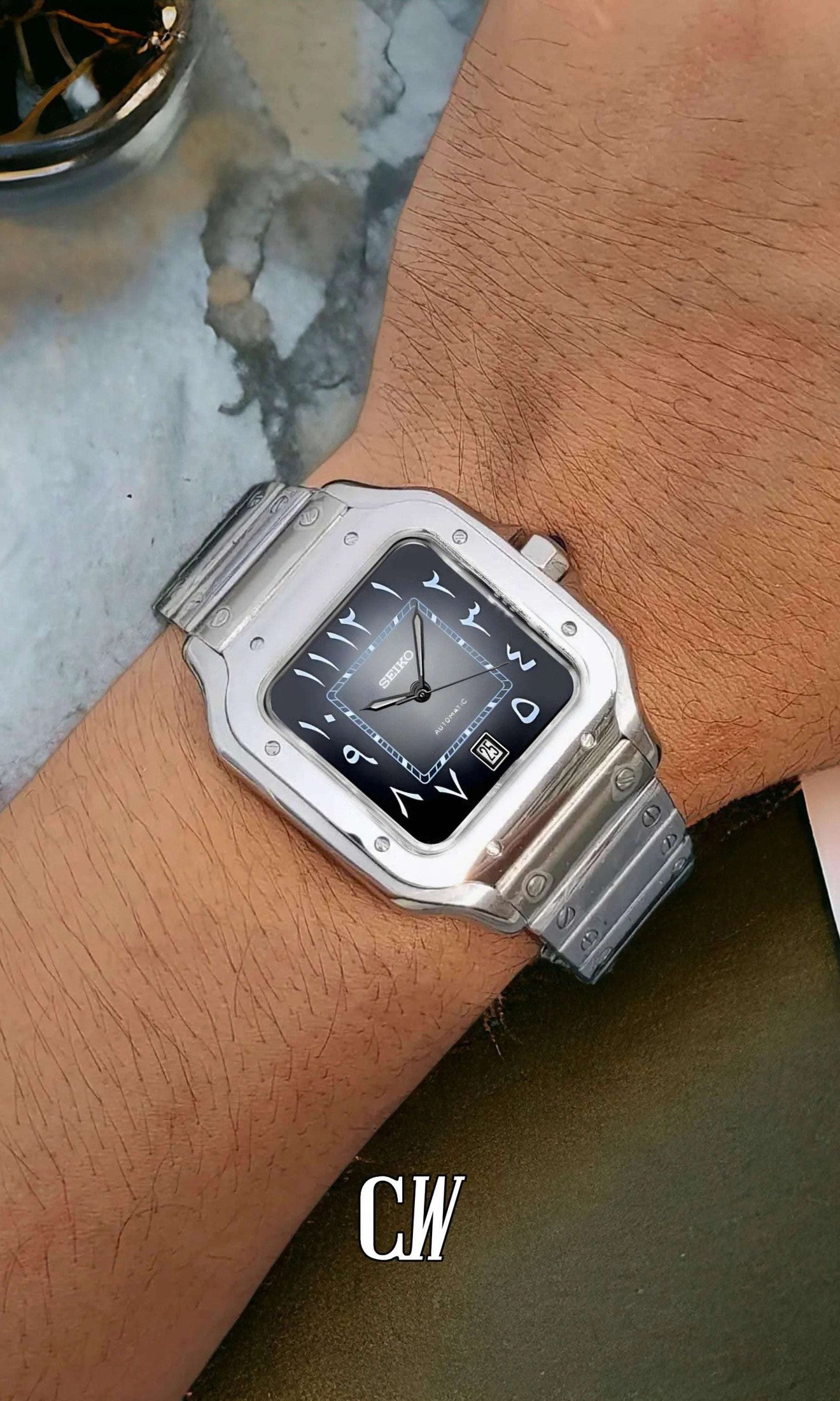 Santeiko Mod Santos style watch gray black arabic - Circa Watch Labs