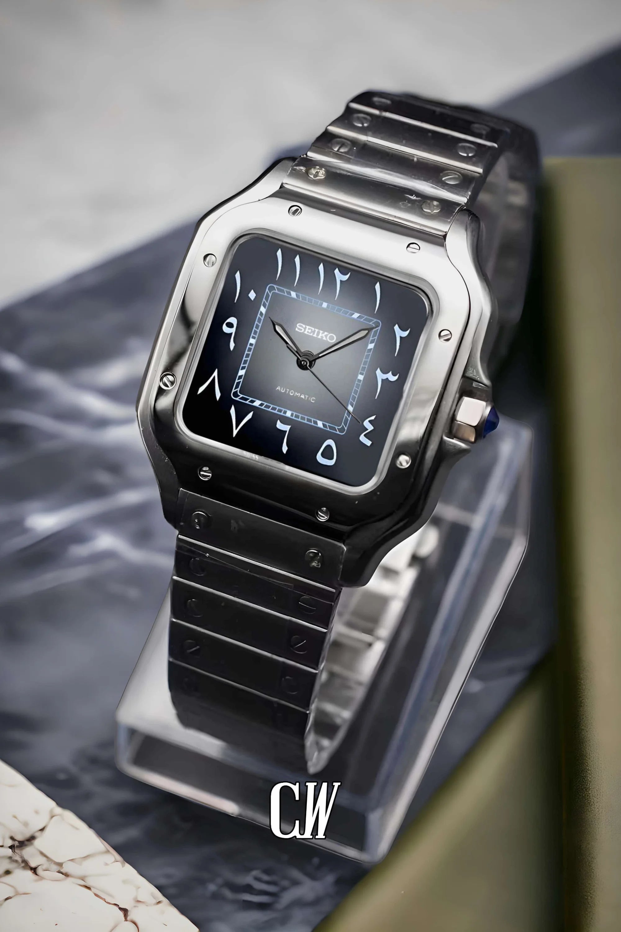 Santeiko Mod Santos style watch gray black arabic - Circa Watch Labs
