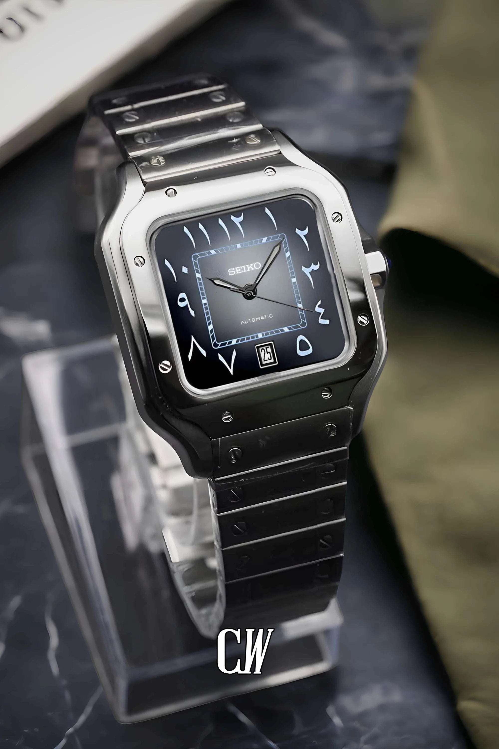 Santeiko Mod Santos style watch gray black arabic