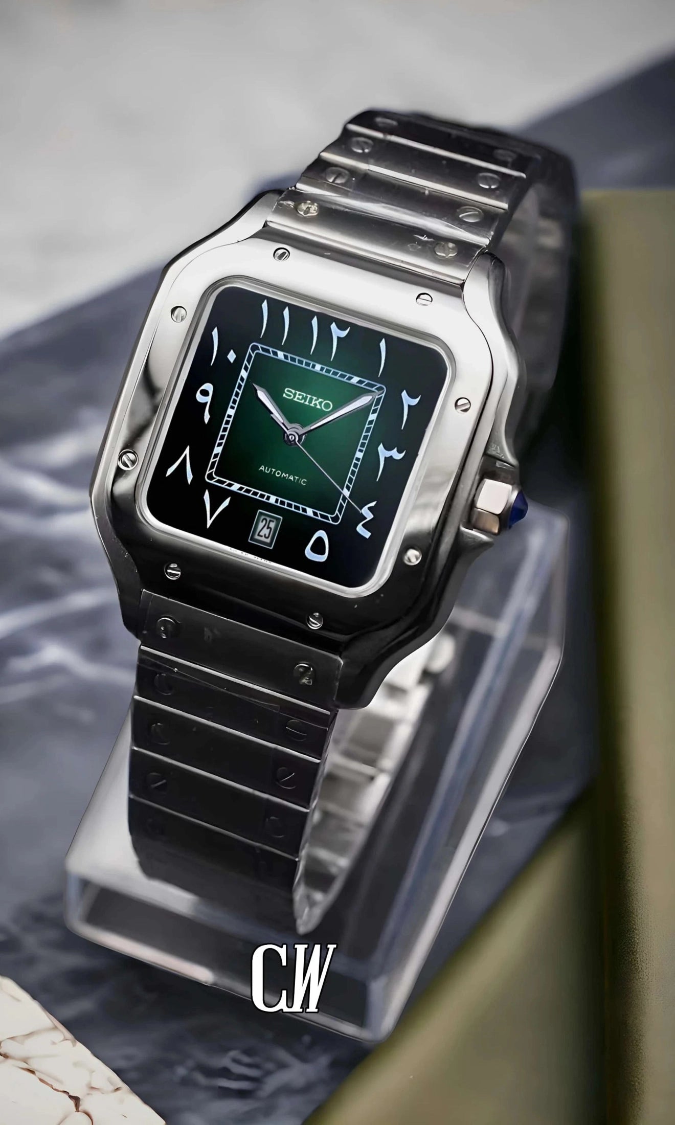 Santeiko Mod Santos style watch green arabic - Circa Watch Labs