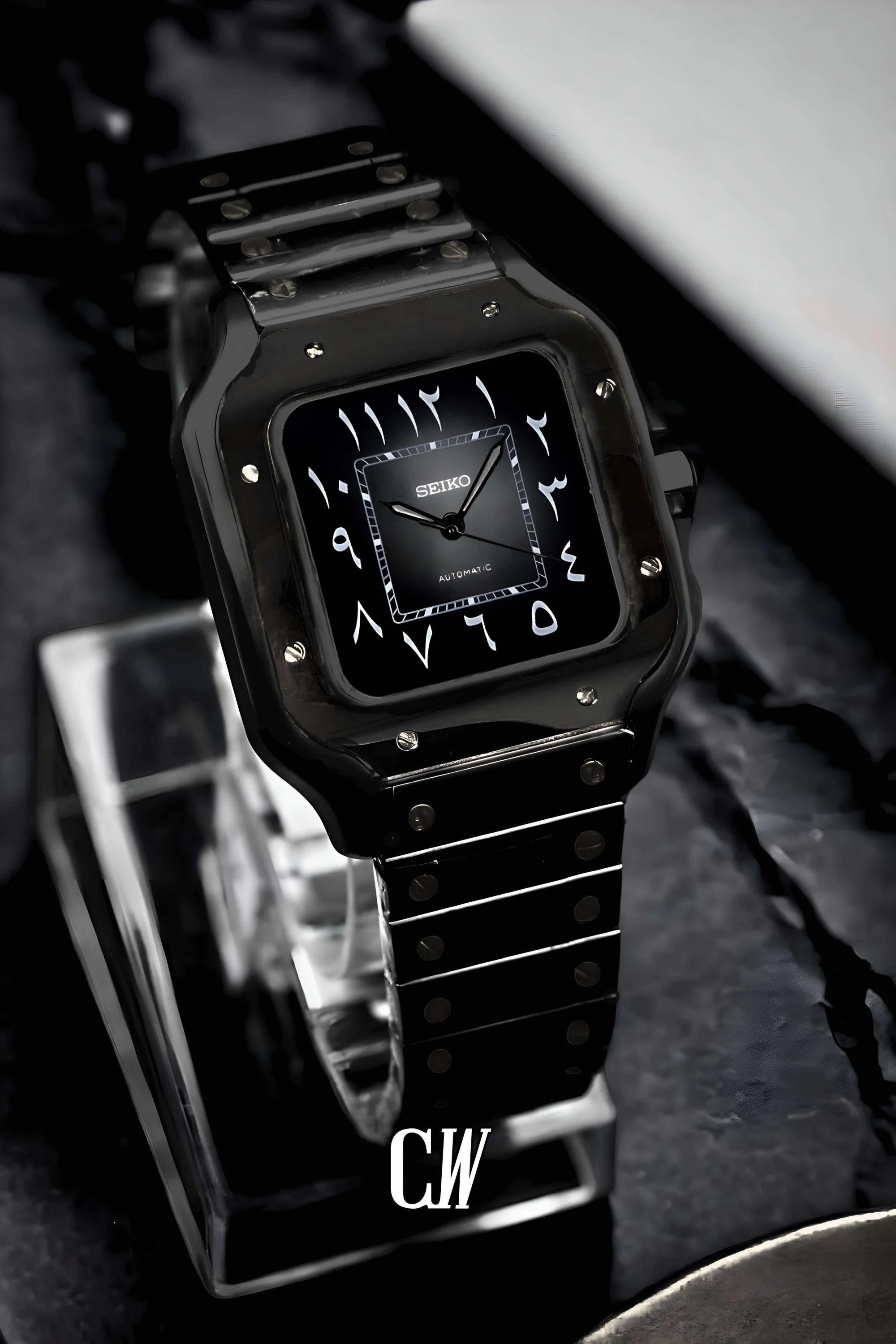 Santeiko Mod Santos style watch triple black arabic - Circa Watch Labs