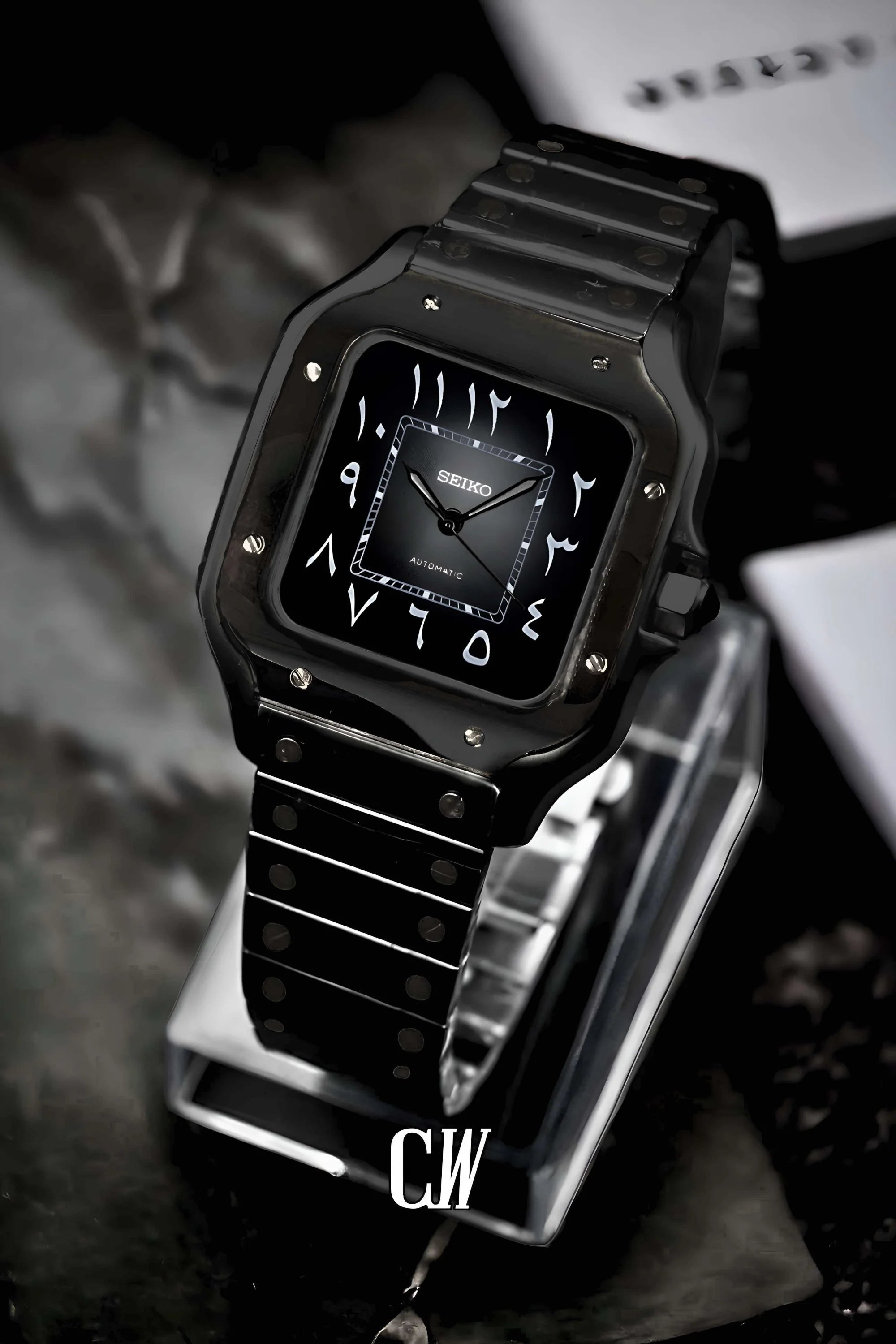 Santeiko Mod Santos style watch triple black arabic - Circa Watch Labs