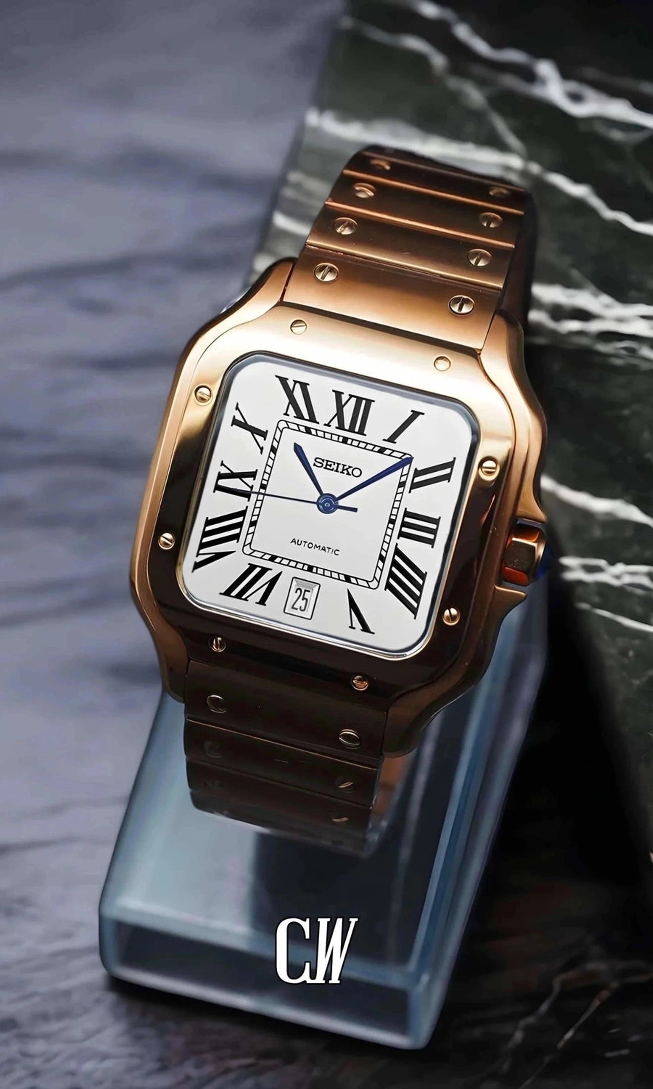 Santeiko Mod Santos style watch white rose gold - Circa Watch Labs