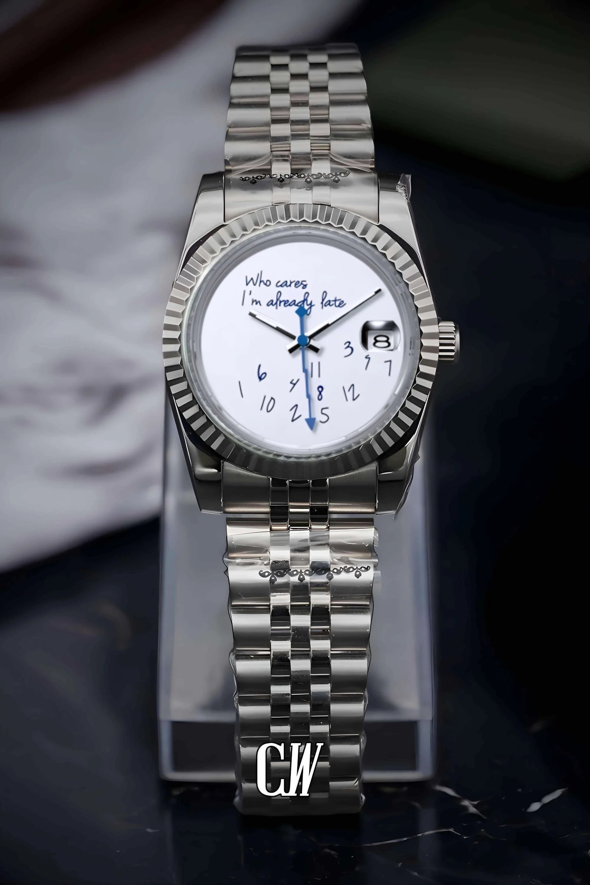 Seiko mod datejust 'who cares I'm already late' white watch - Circa Watch Labs seiko mod