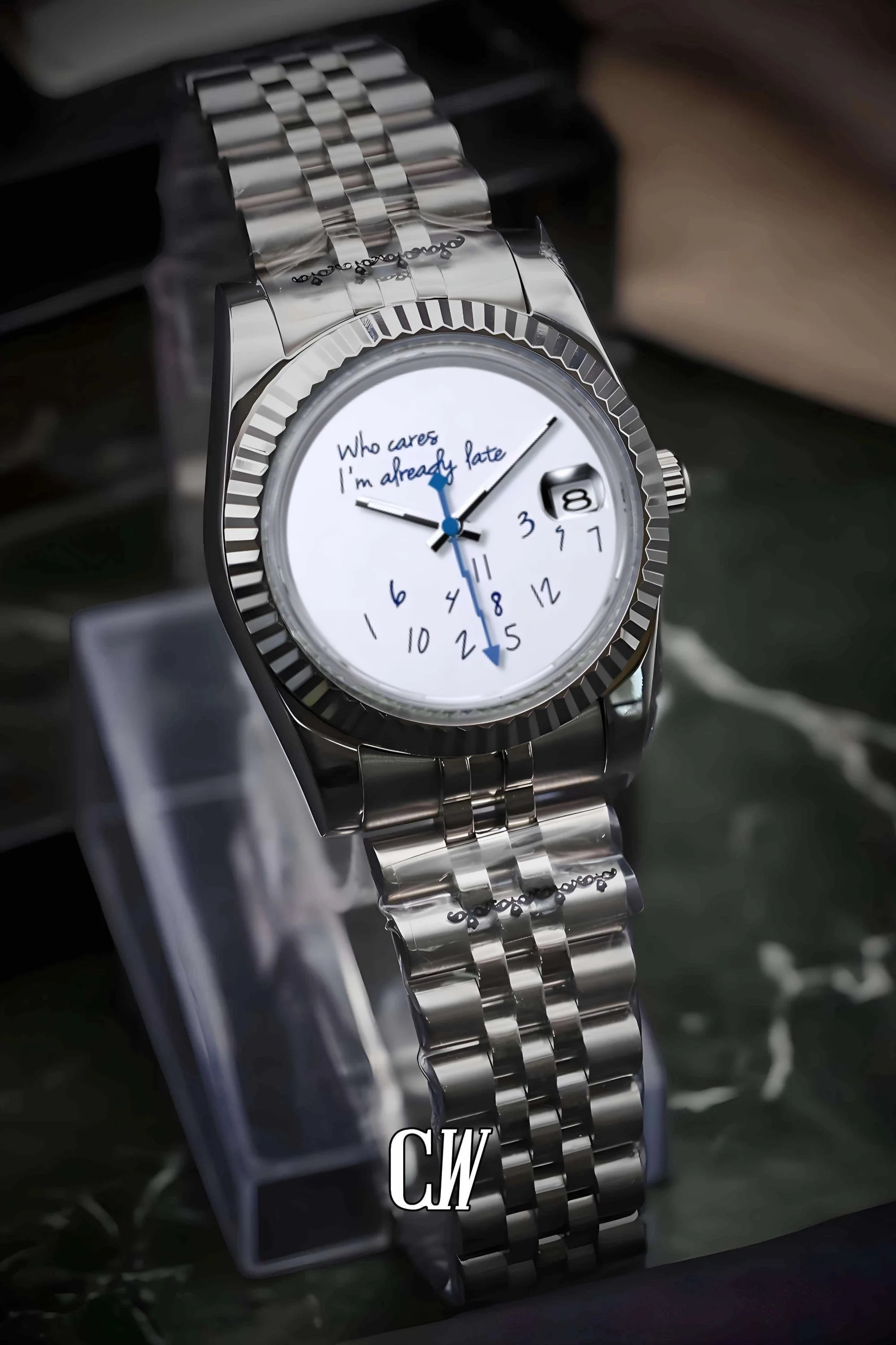 Seiko mod datejust 'who cares I'm already late' white watch - Circa Watch Labs seiko mod