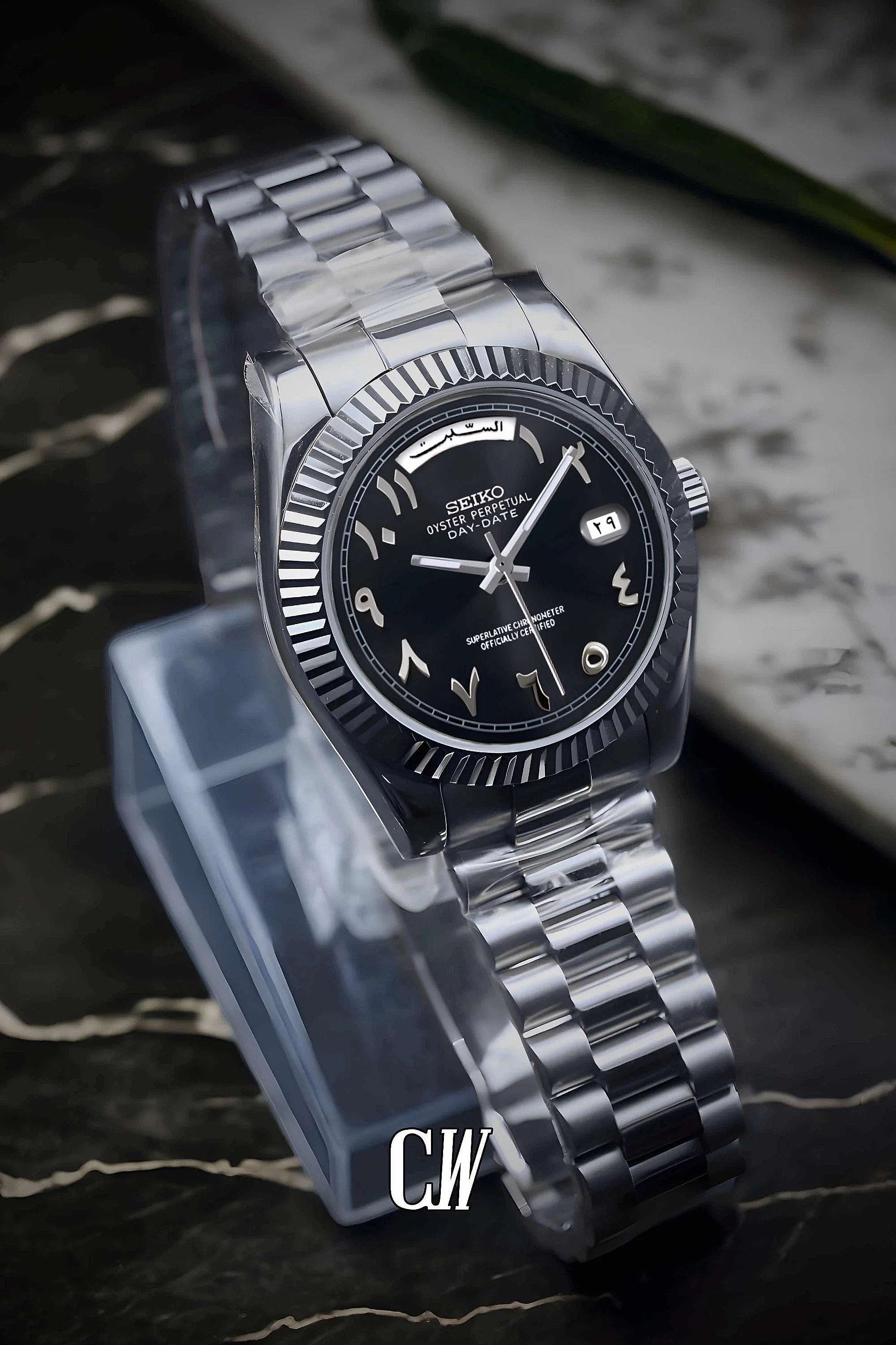 Seikojust mod daydate black arabic automatic watch - Circa Watch Labs