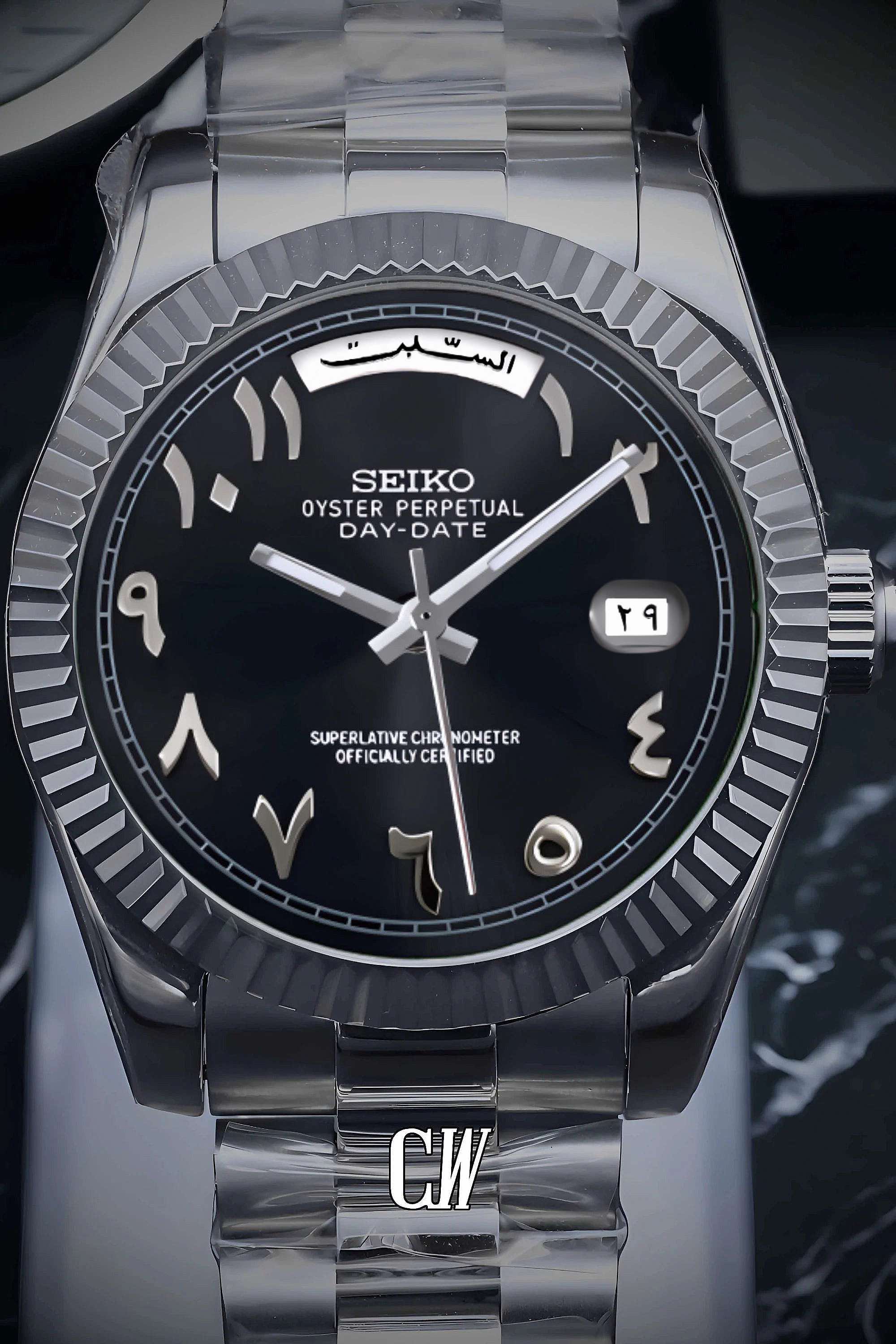 Seikojust mod daydate black arabic automatic watch - Circa Watch Labs