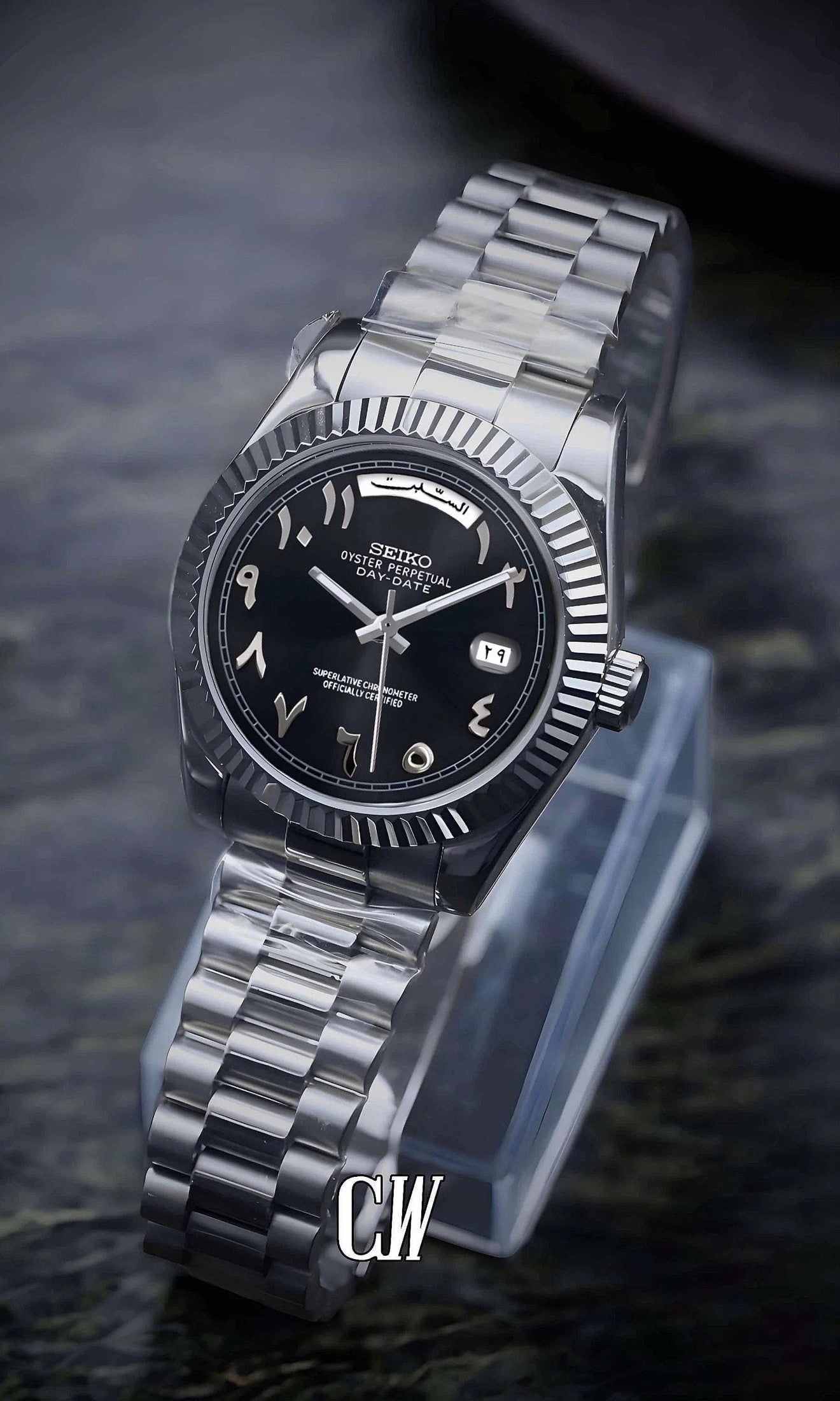 Seikojust mod daydate black arabic automatic watch - Circa Watch Labs