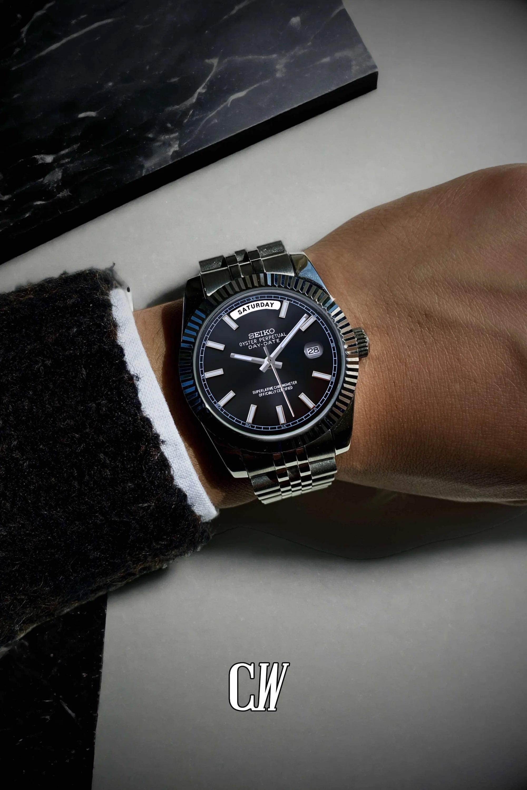 Seikojust mod daydate black automatic watch - Circa Watch Labs seiko mod