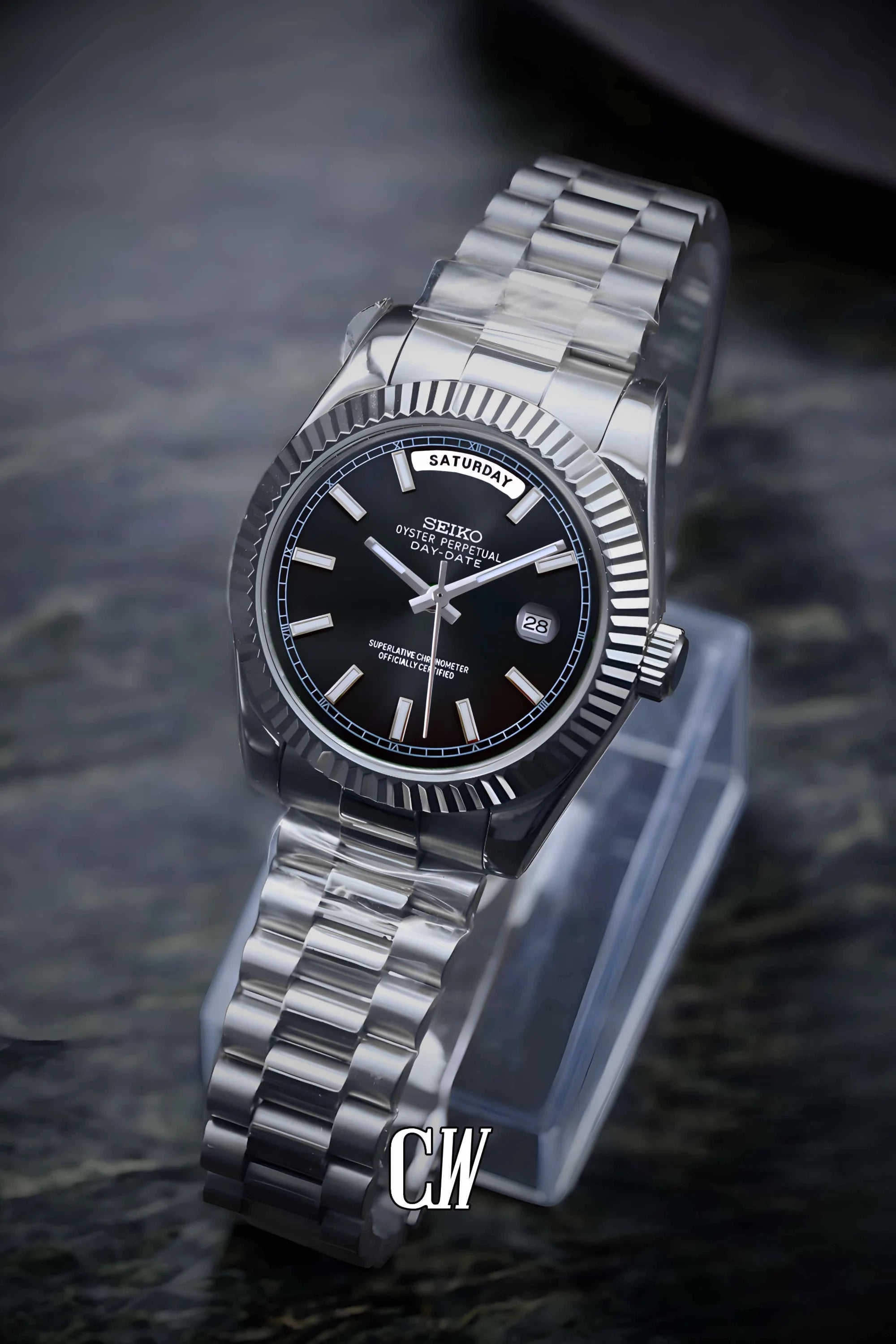 Seikojust mod daydate black automatic watch - Circa Watch Labs seiko mod