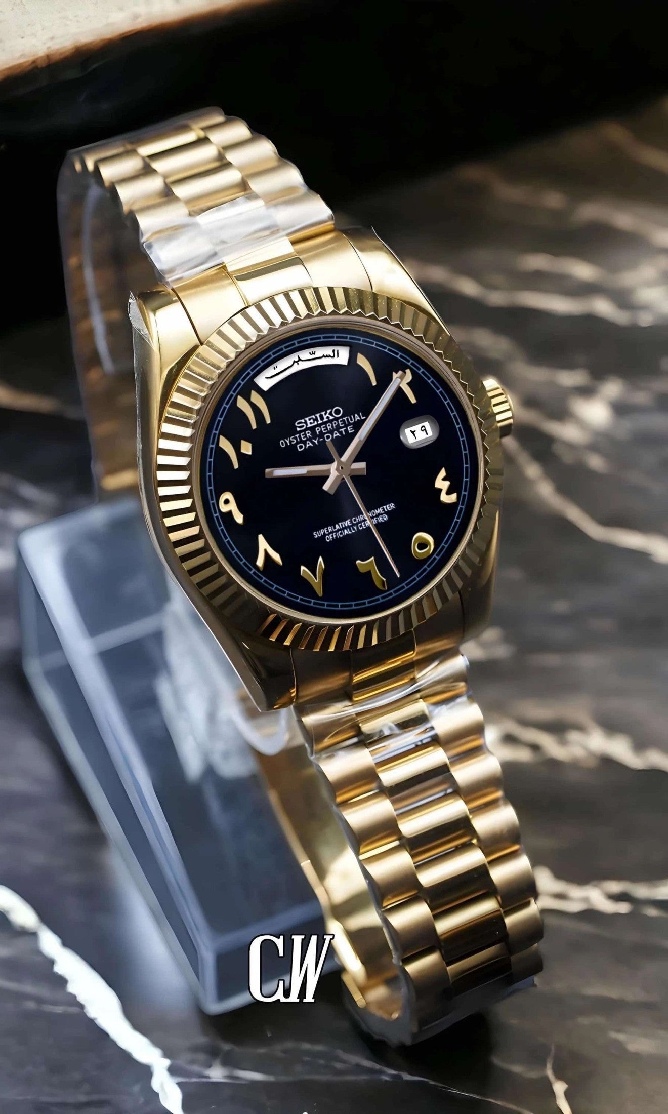 Seikojust mod daydate black gold arabic automatic watch - Circa Watch Labs