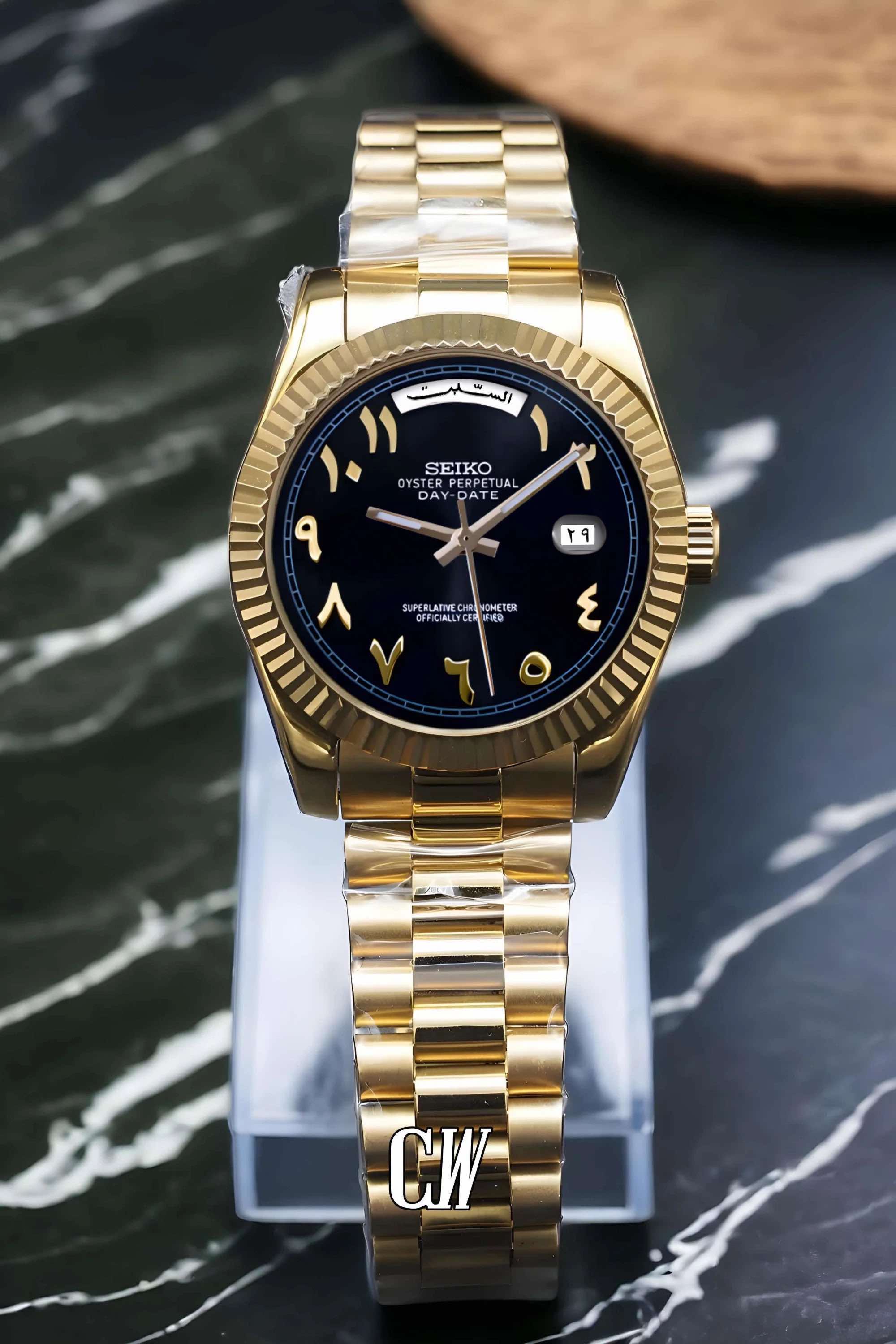 Seikojust mod daydate black gold arabic automatic watch - Circa Watch Labs seiko mod